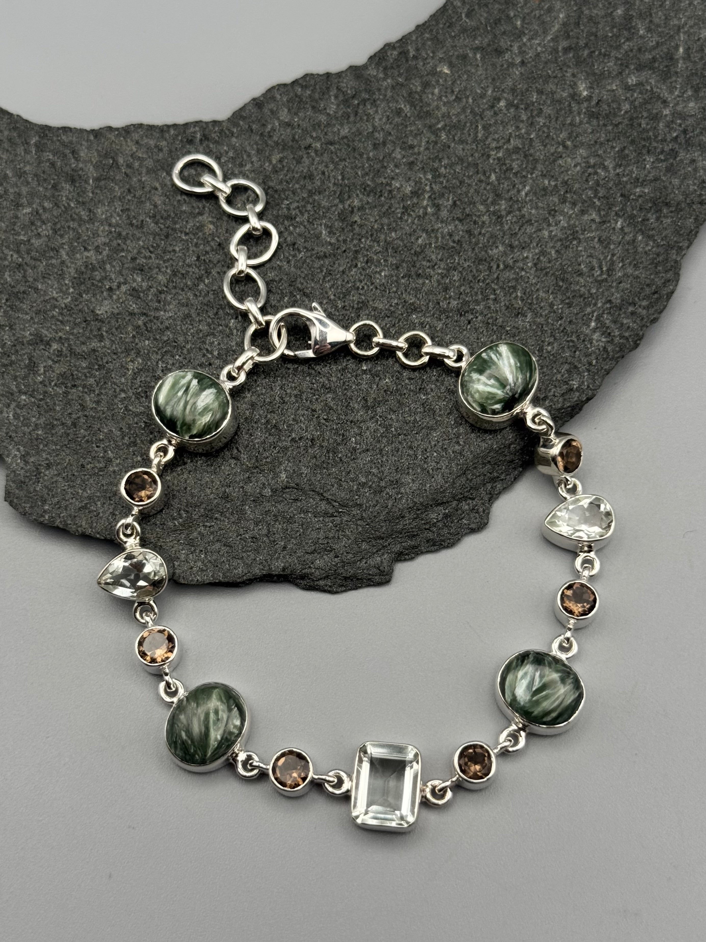 •SERAPHINITE - MULTI-STONE• linked silver bracelet (7.5" - 9")
