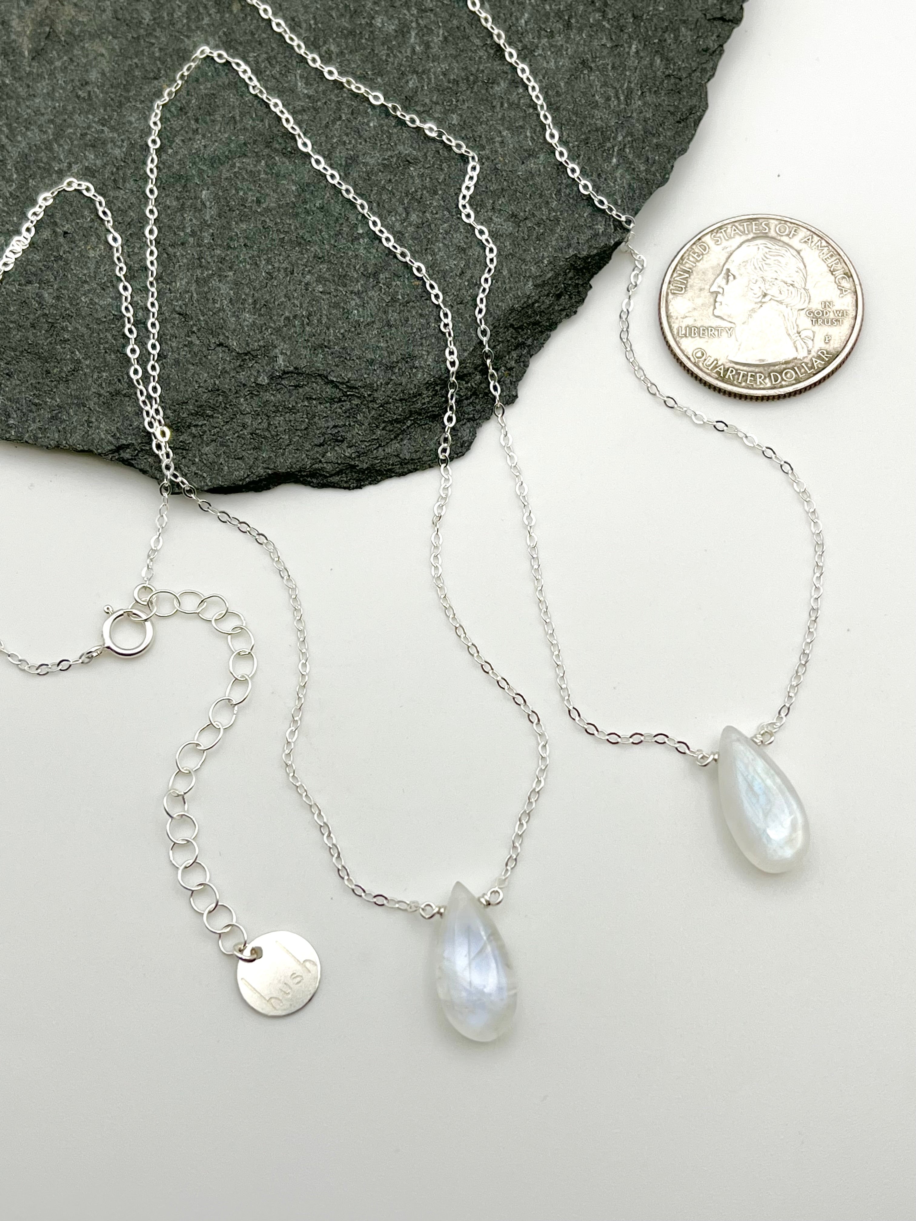 •STRAY• rainbow moonstone teardrop + silver necklace (various lengths)