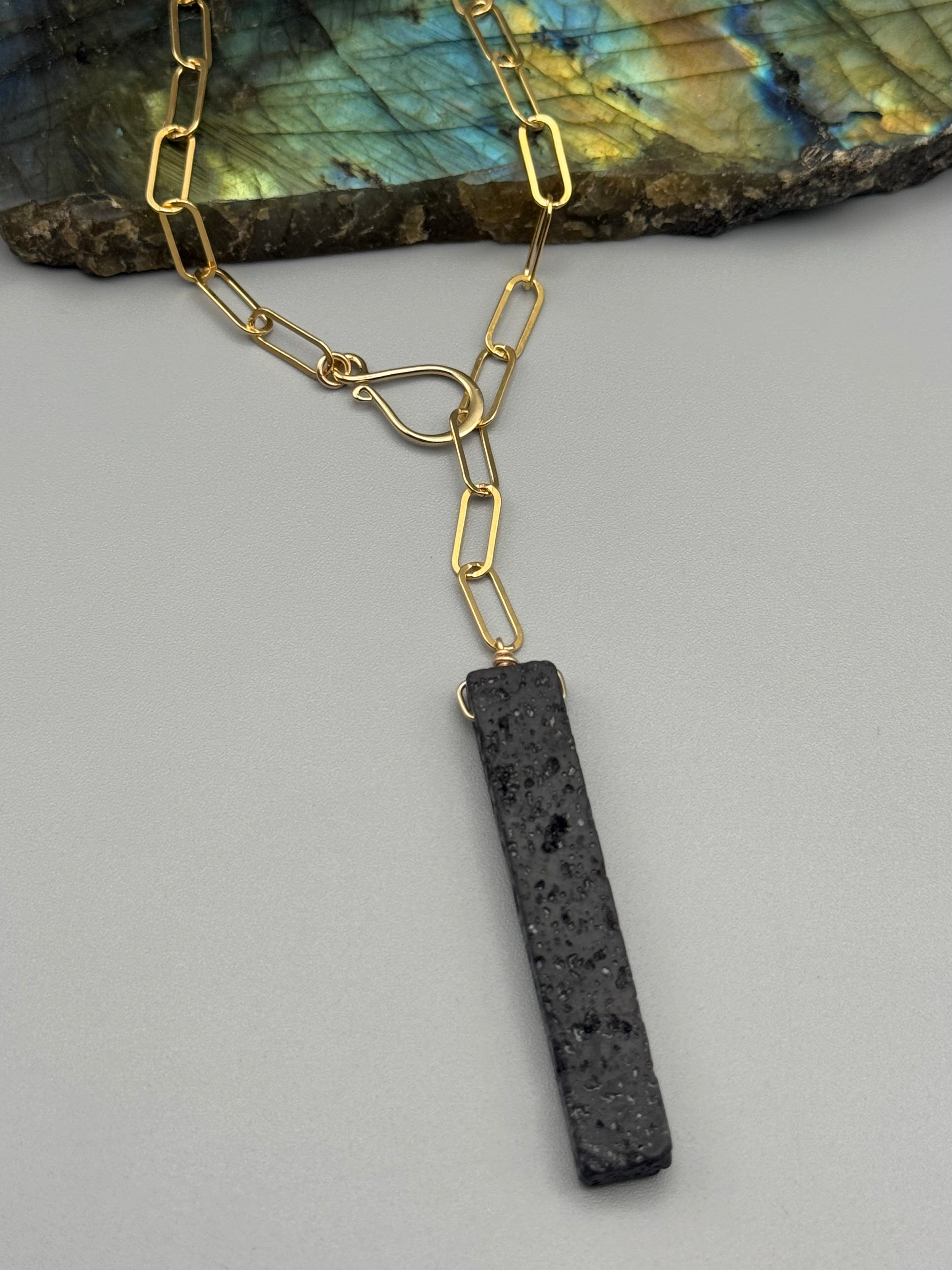 •LINKED• black lava + gold necklace (ADJ to 19")