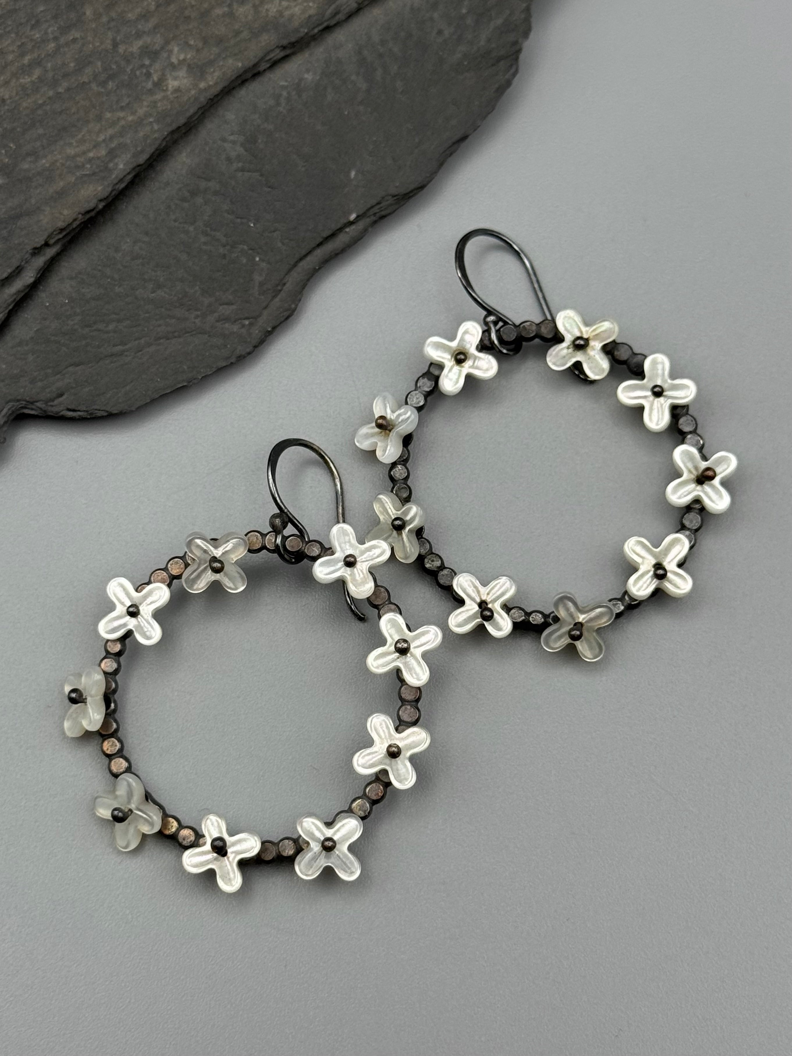 •FLORAL HOOP• mother of pearl + silver hoop earrings