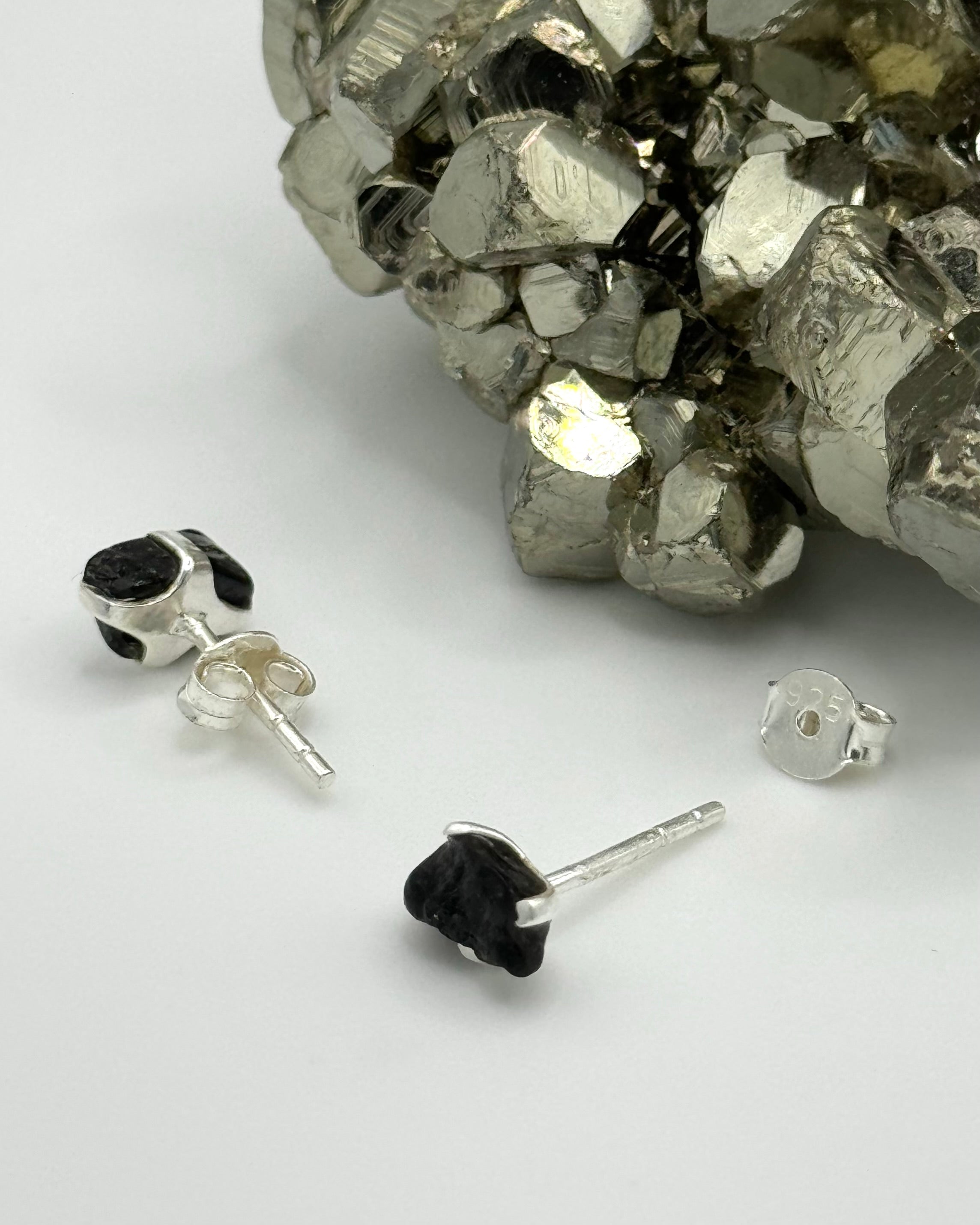 •BLACK TOURMALINE - FREEFORM• silver prong set stud earrings