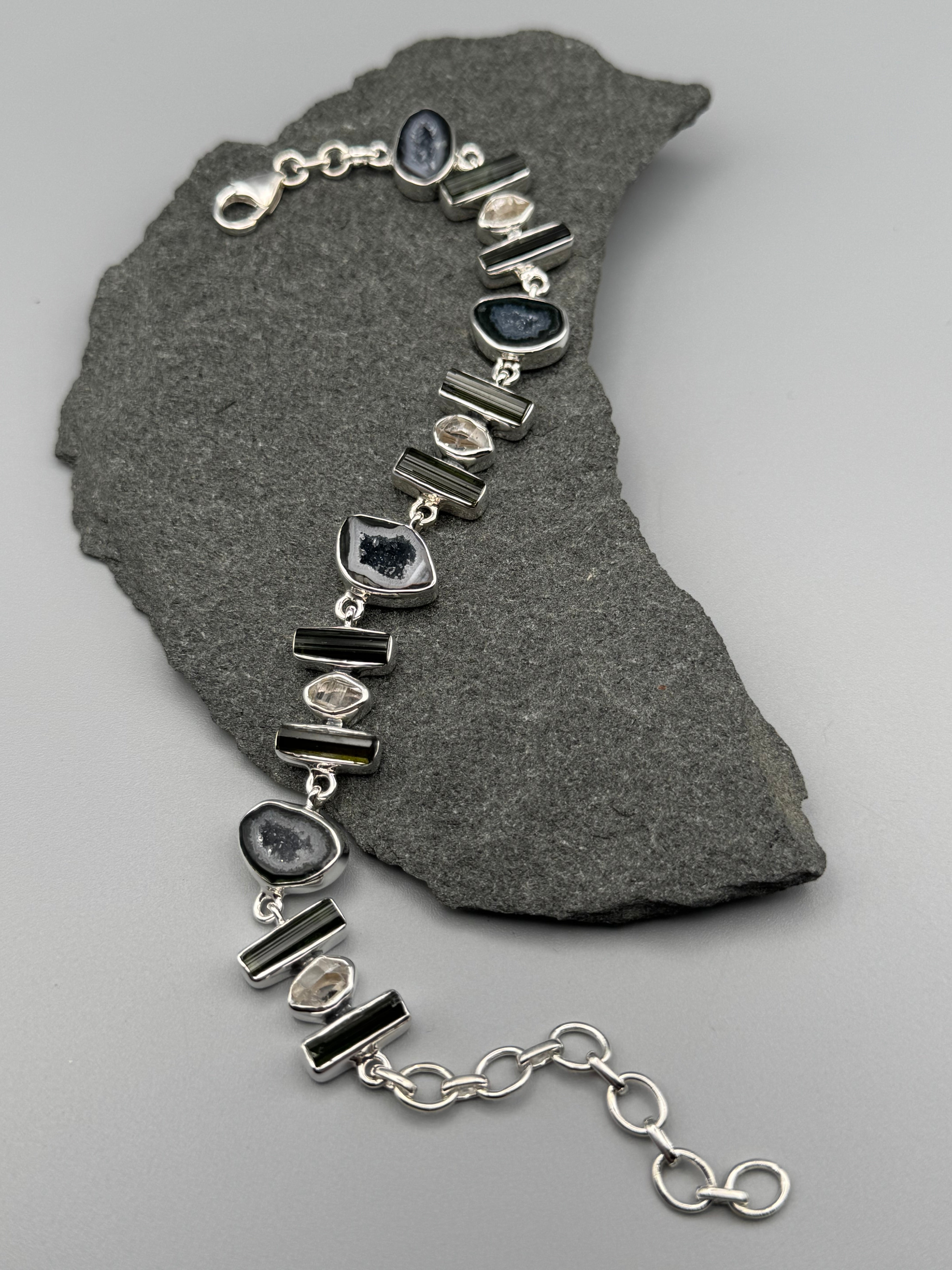 •COCONUT DRUZY + TOURMALINE - MULTI-STONE• linked silver bracelet (7.25" - 9")