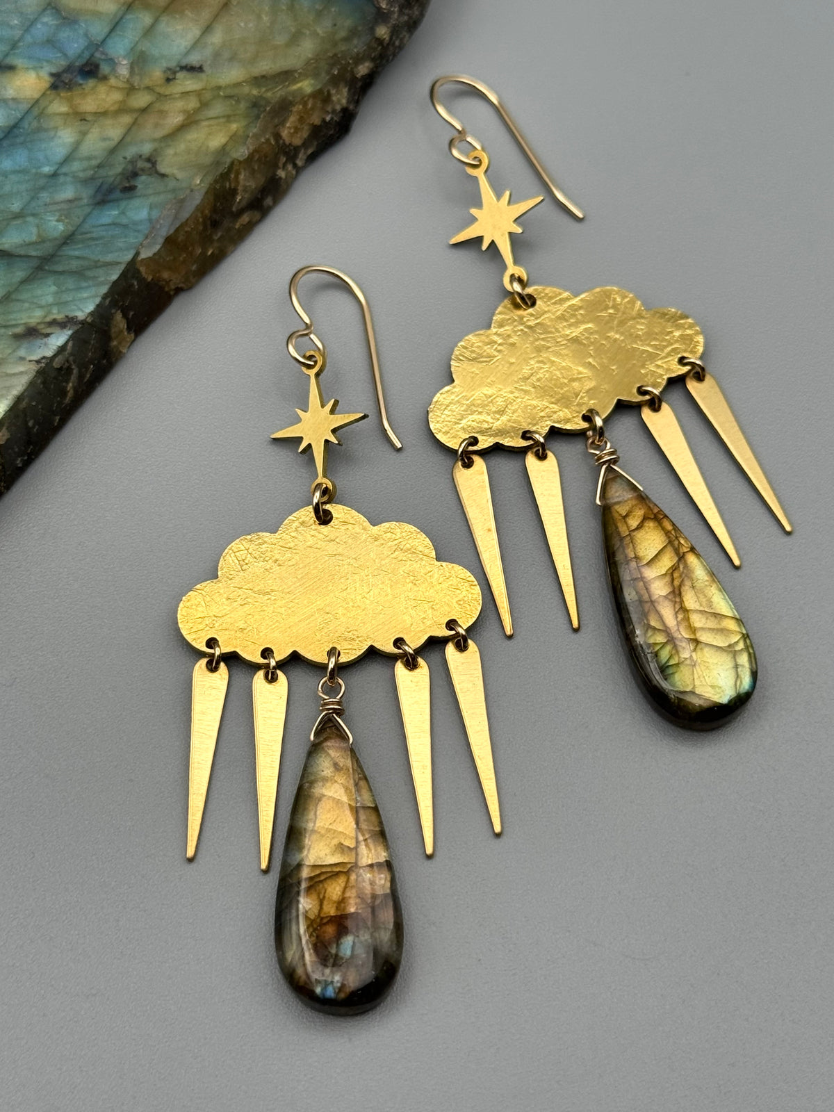 •STORMY• golden labradorite tear + gold earrings