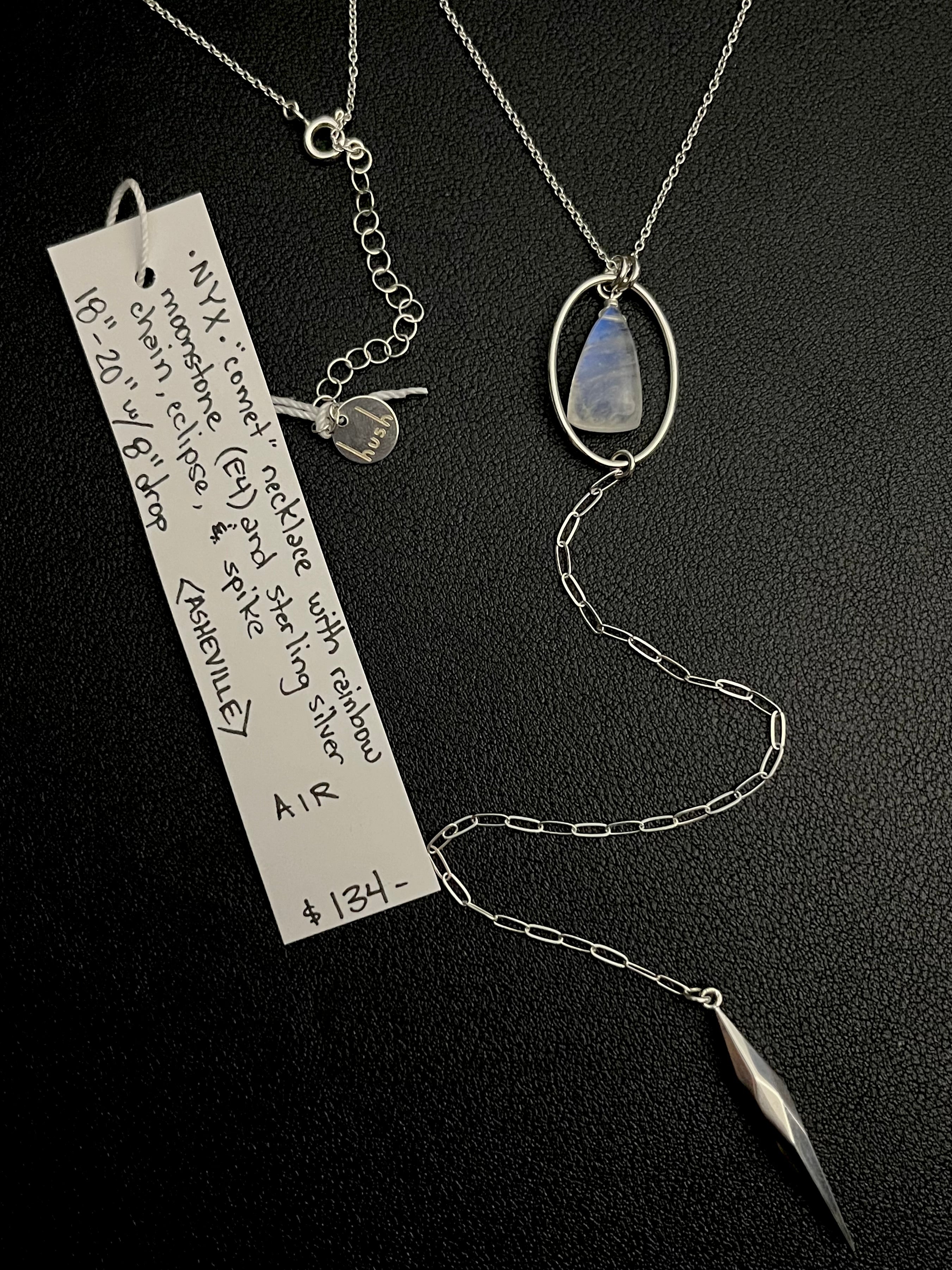 •NYX-COMET• rainbow moonstone + silver Y-necklace (18"-20" + 8" drop)