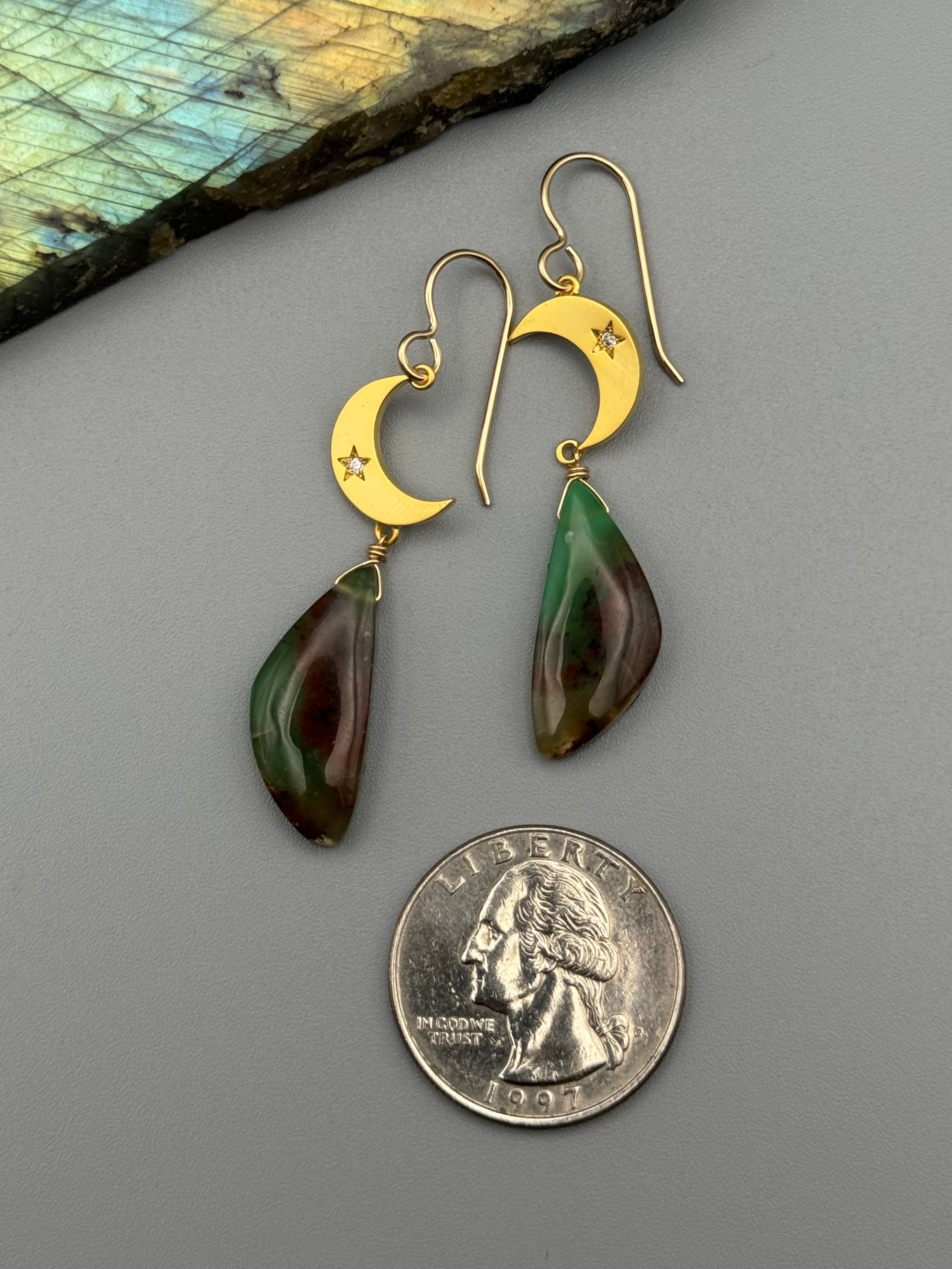 •CRYSTAL CRESCENT• chrysoprase wing + gold earrings