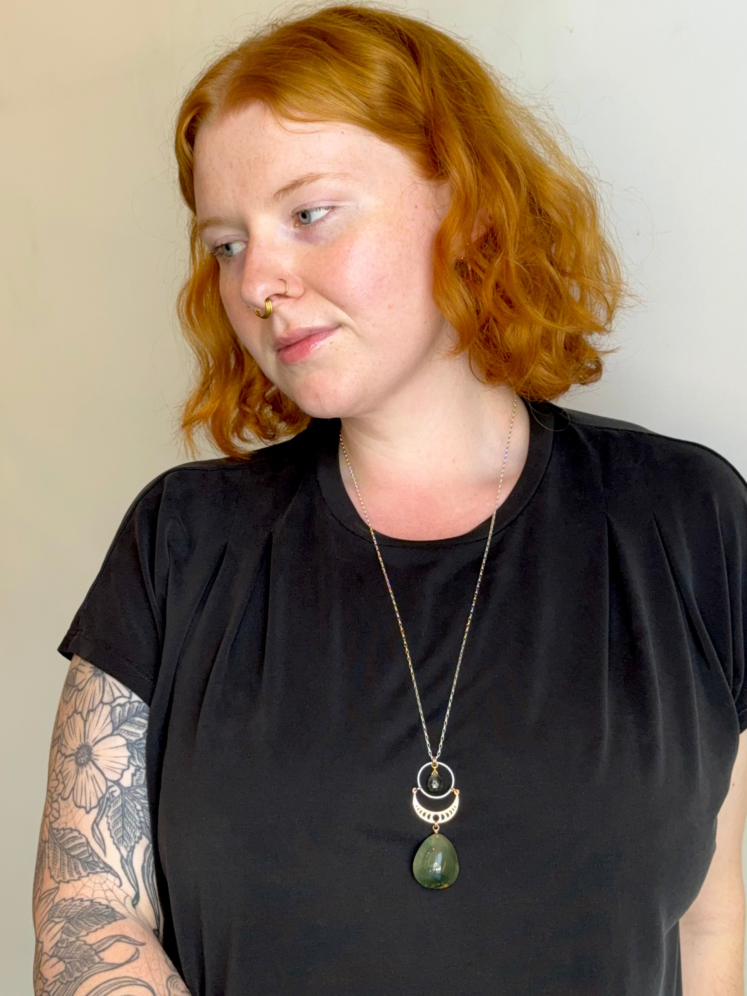 •NYX• lodolite + moss aquamarine + mixed metal necklace (28"-30" long)