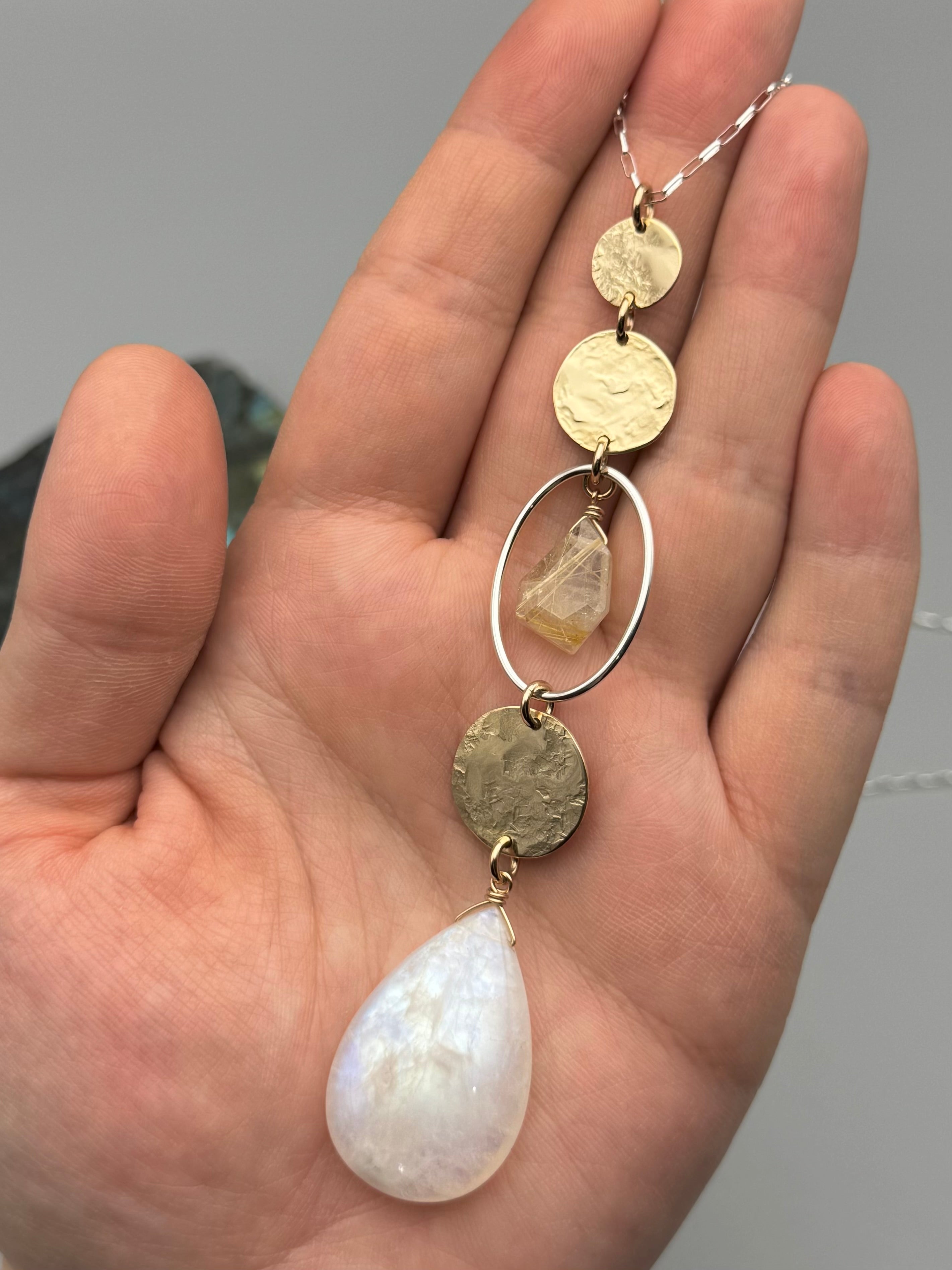 •NYX• rutilated quartz + rainbow moonstone mixed metal necklace (26"-28" long)
