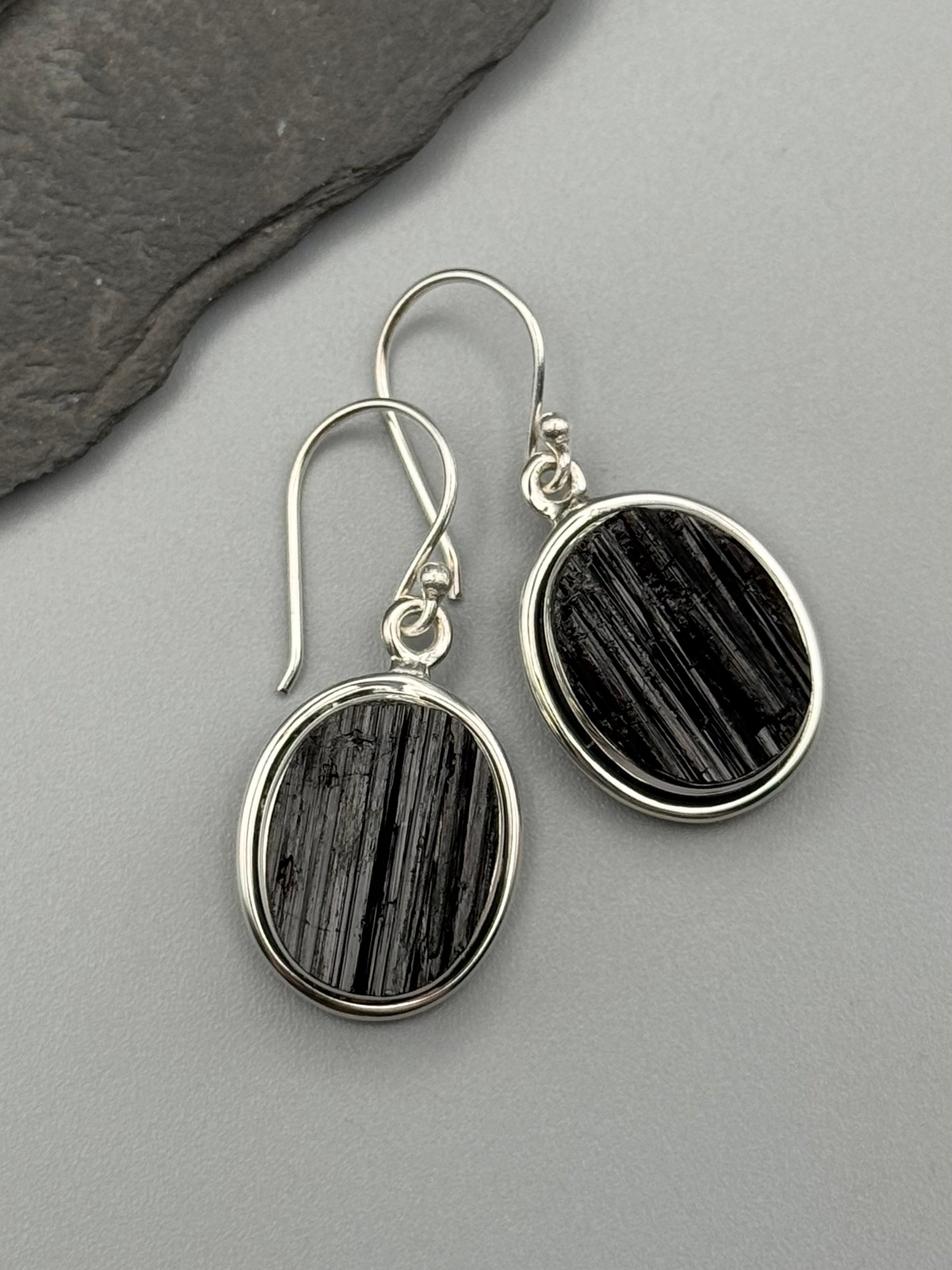 •DOUBLE BEZEL OVAL• black tourmaline + silver dangle earrings