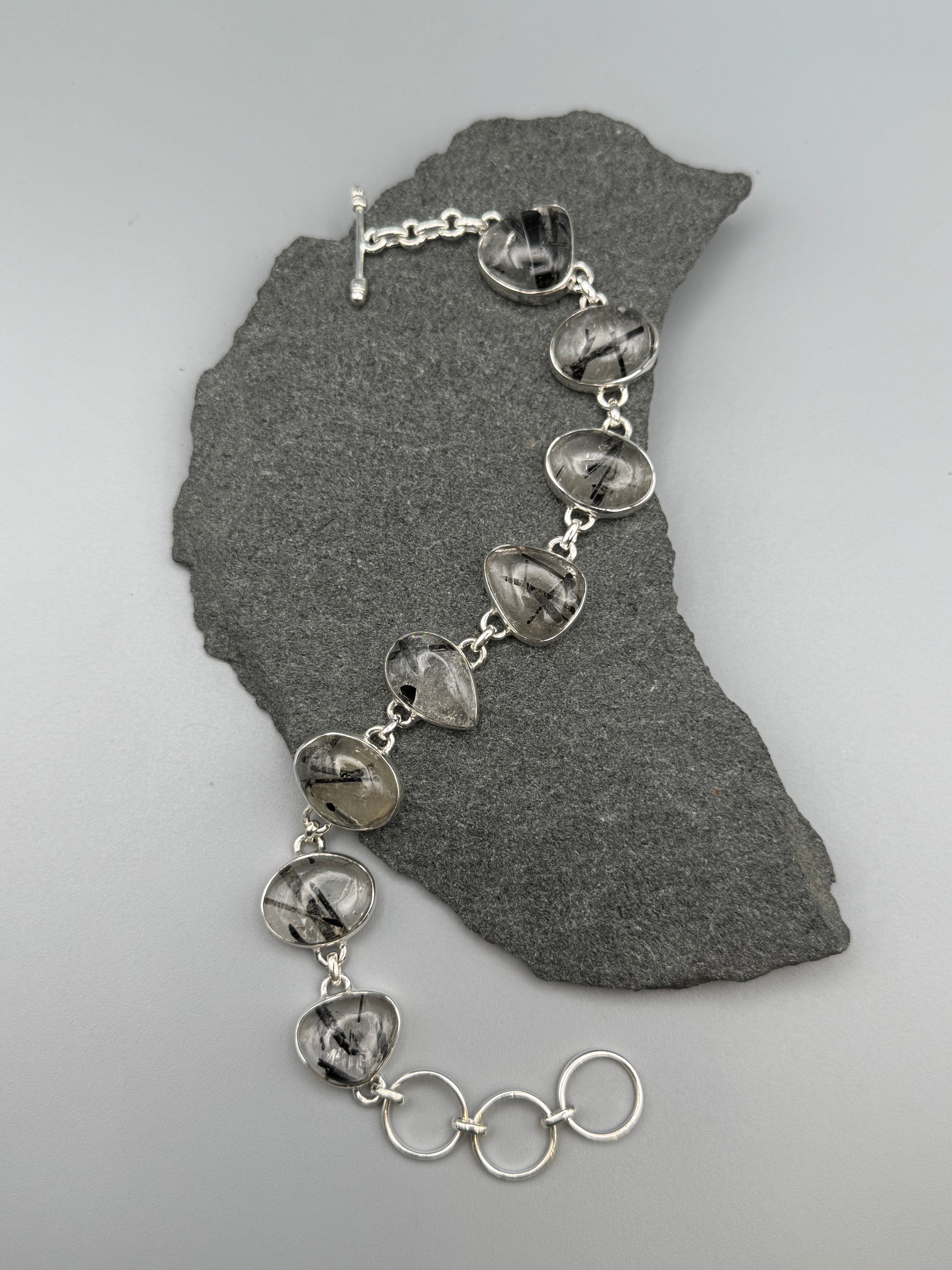 •TOURMALINATED QUARTZ - GEO MIX• linked silver bracelet (7" - 8.5")