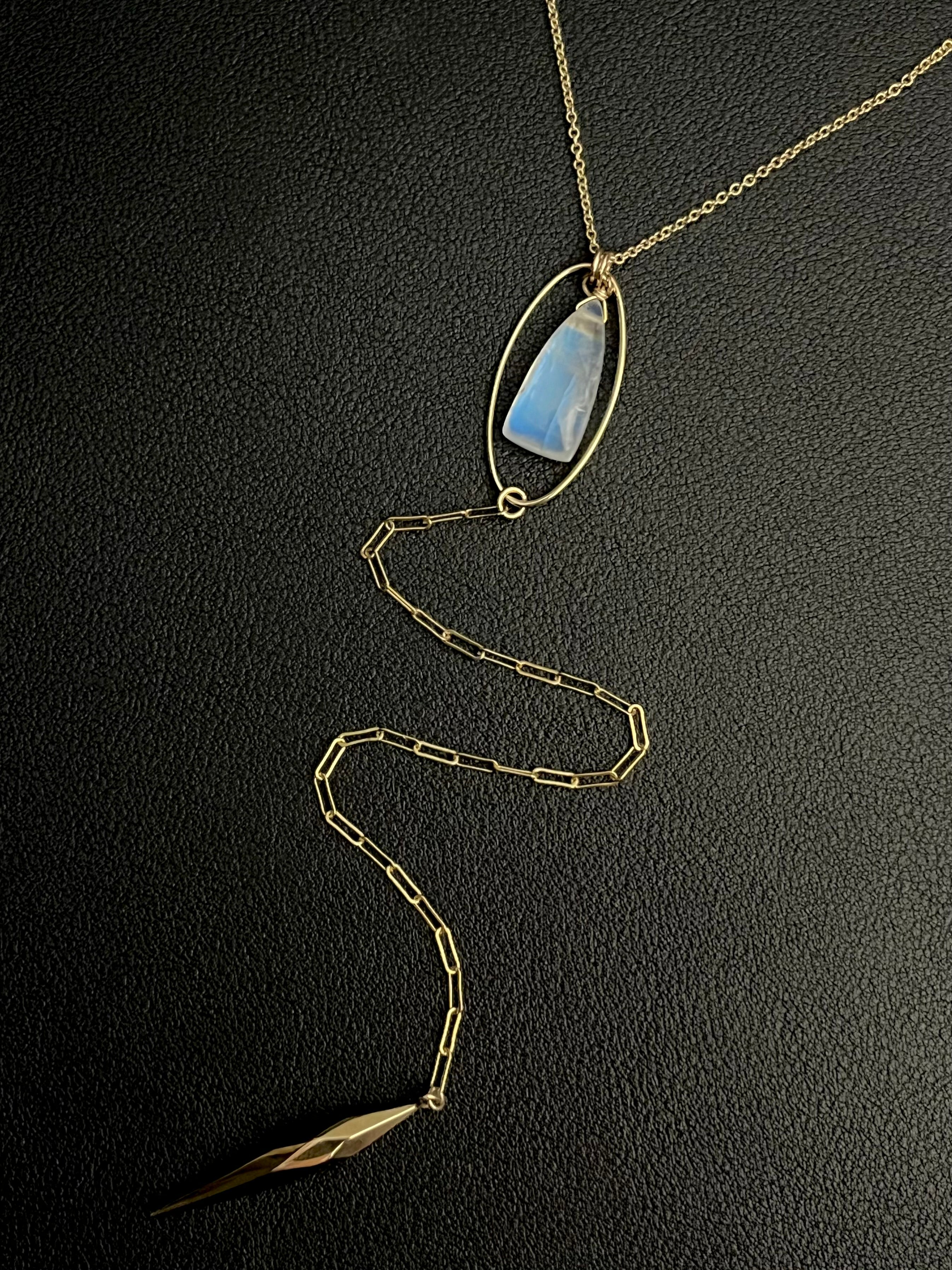 •NYX-COMET• rainbow moonstone + gold Y-necklace (18"-20" + 8" drop)