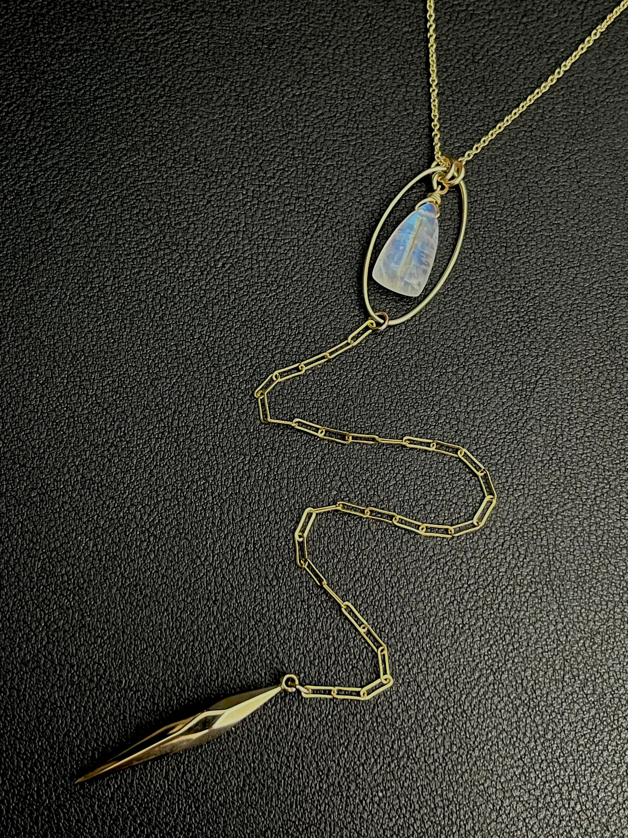 •NYX-COMET• rainbow moonstone + gold Y-necklace (18"-20" + 8" drop)