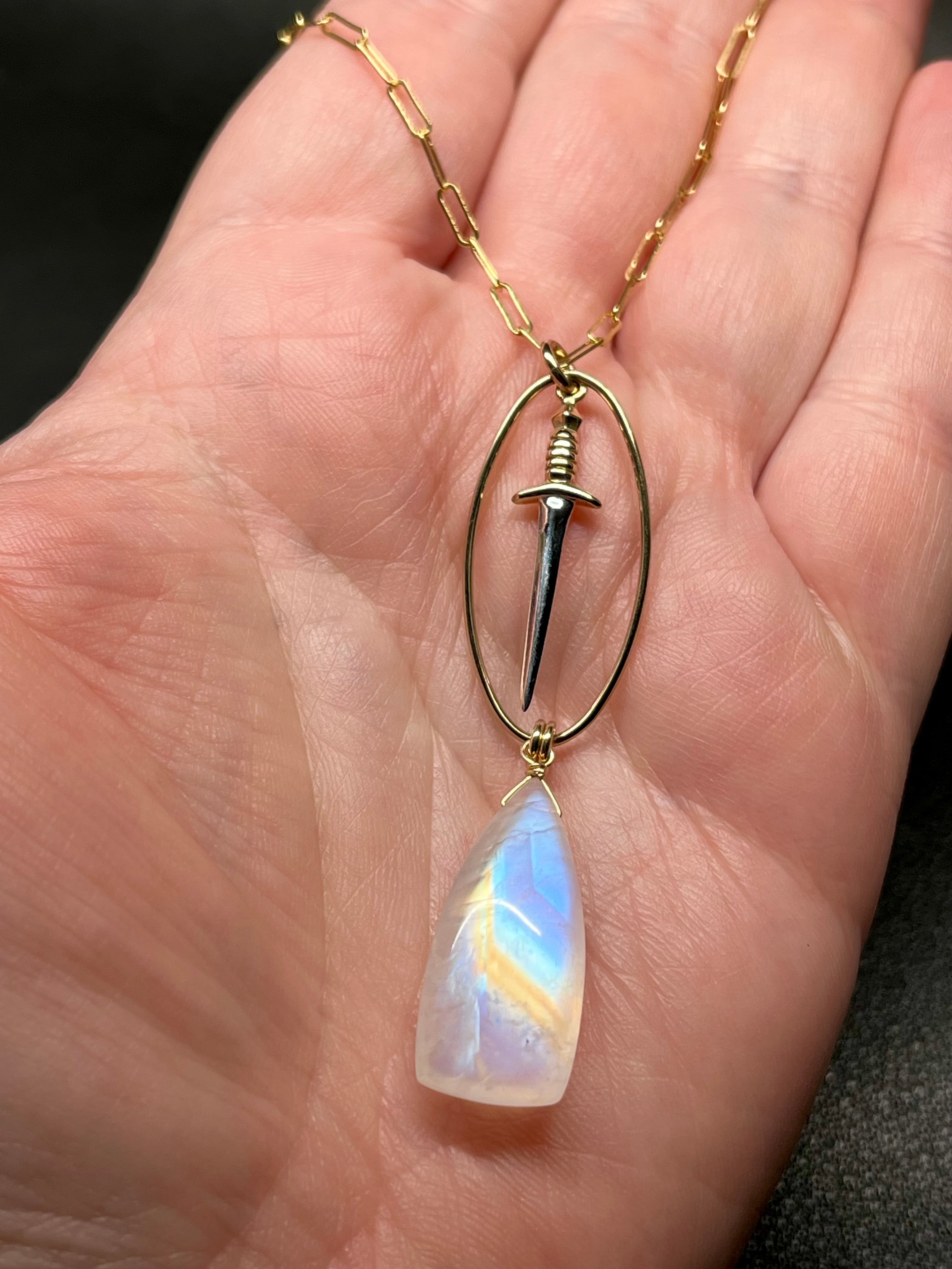 •NYX• rainbow moonstone + dagger + mixed metal necklace (18"-20")