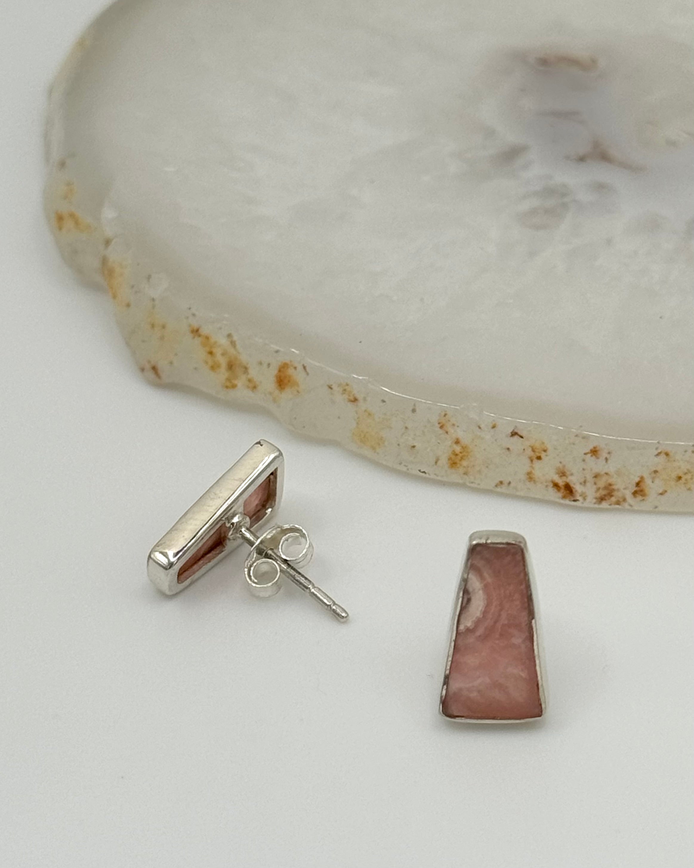 •RHODOCHROSITE - PORTAL• silver bezel set stud earrings