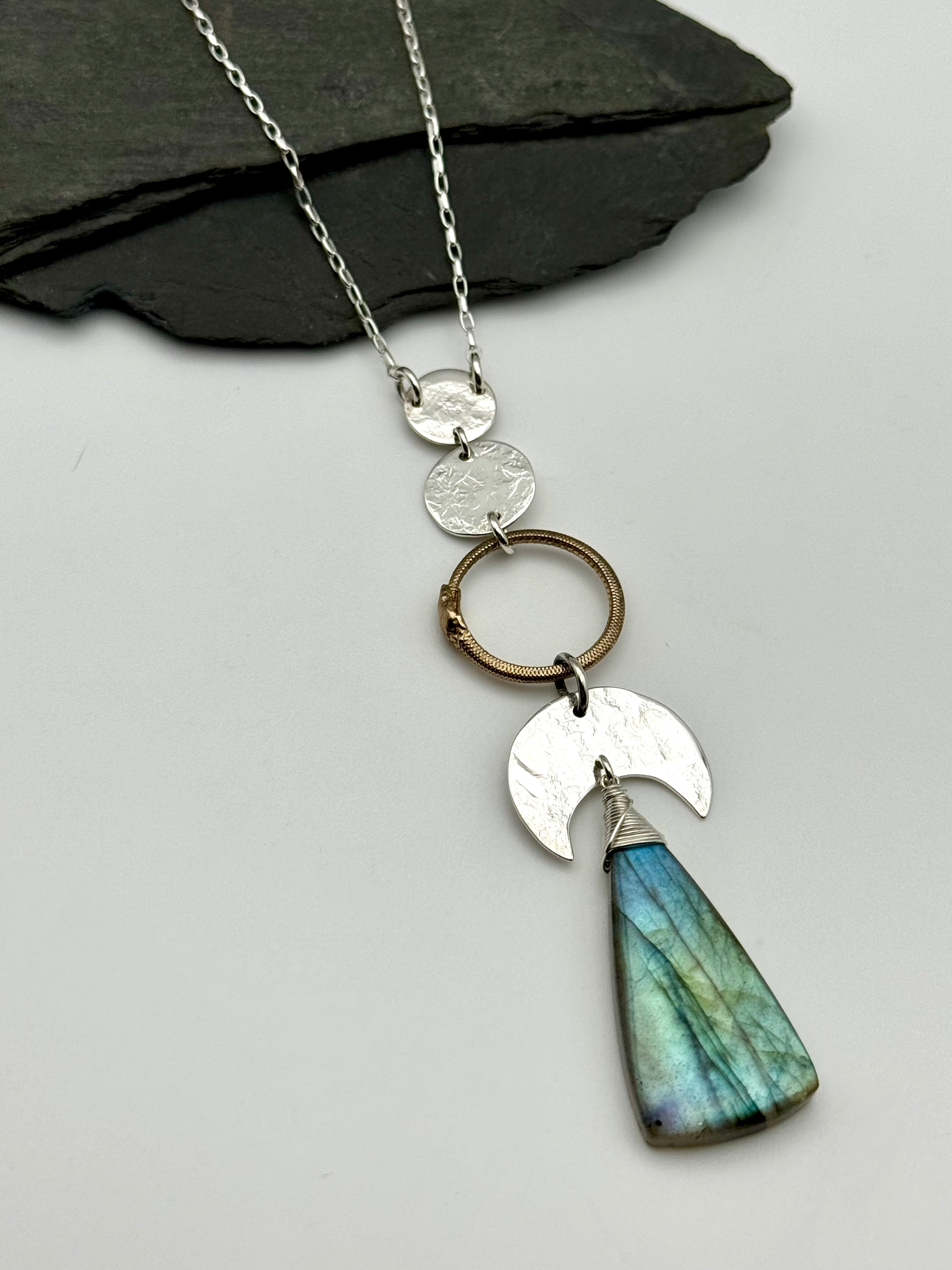 •NYX• labradorite + ouroboros + mixed metal necklace (28"-30" long)