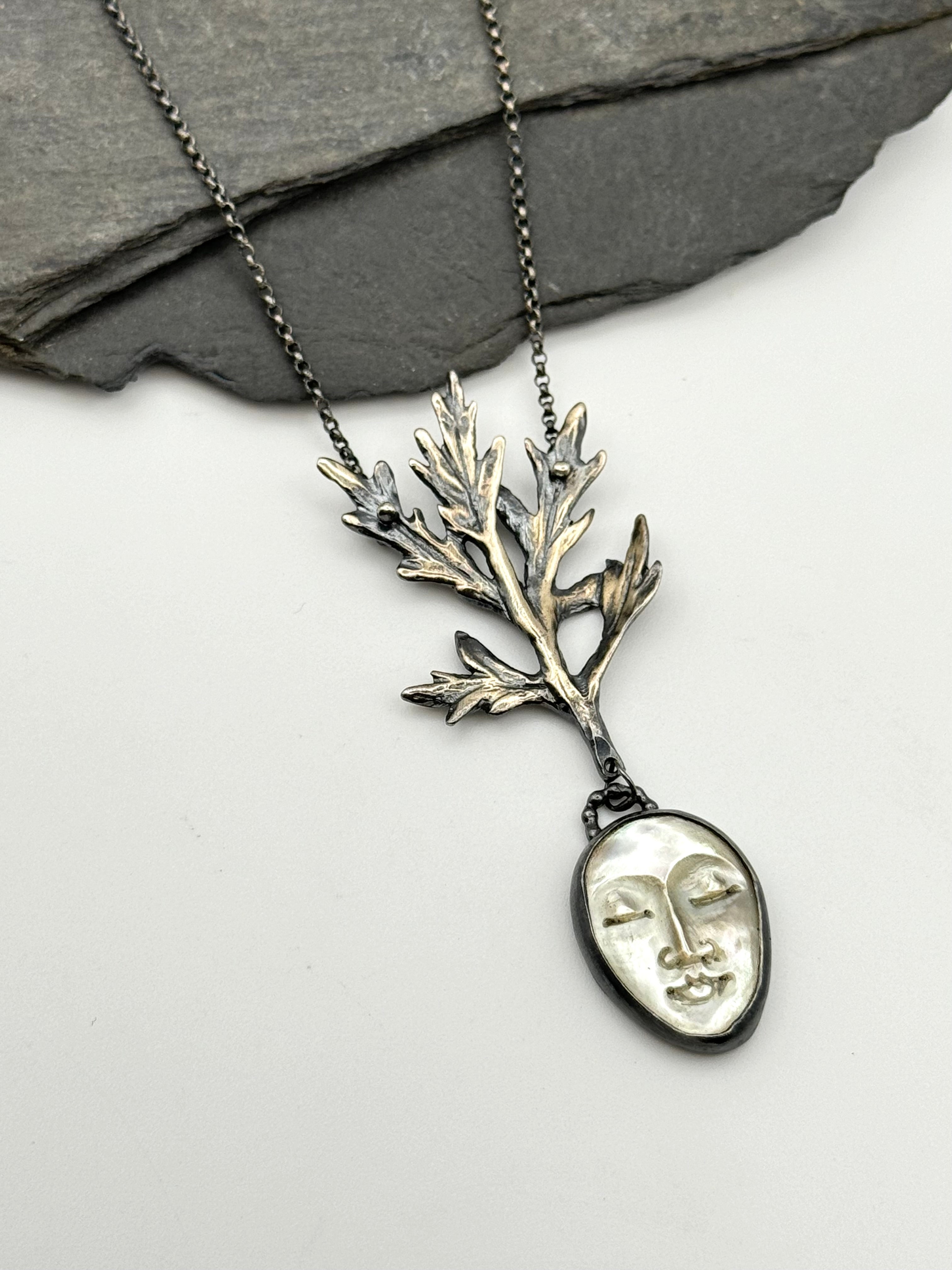 •SWEET LADY MUGWORT• carved mother of pearl + mugwort + silver necklace