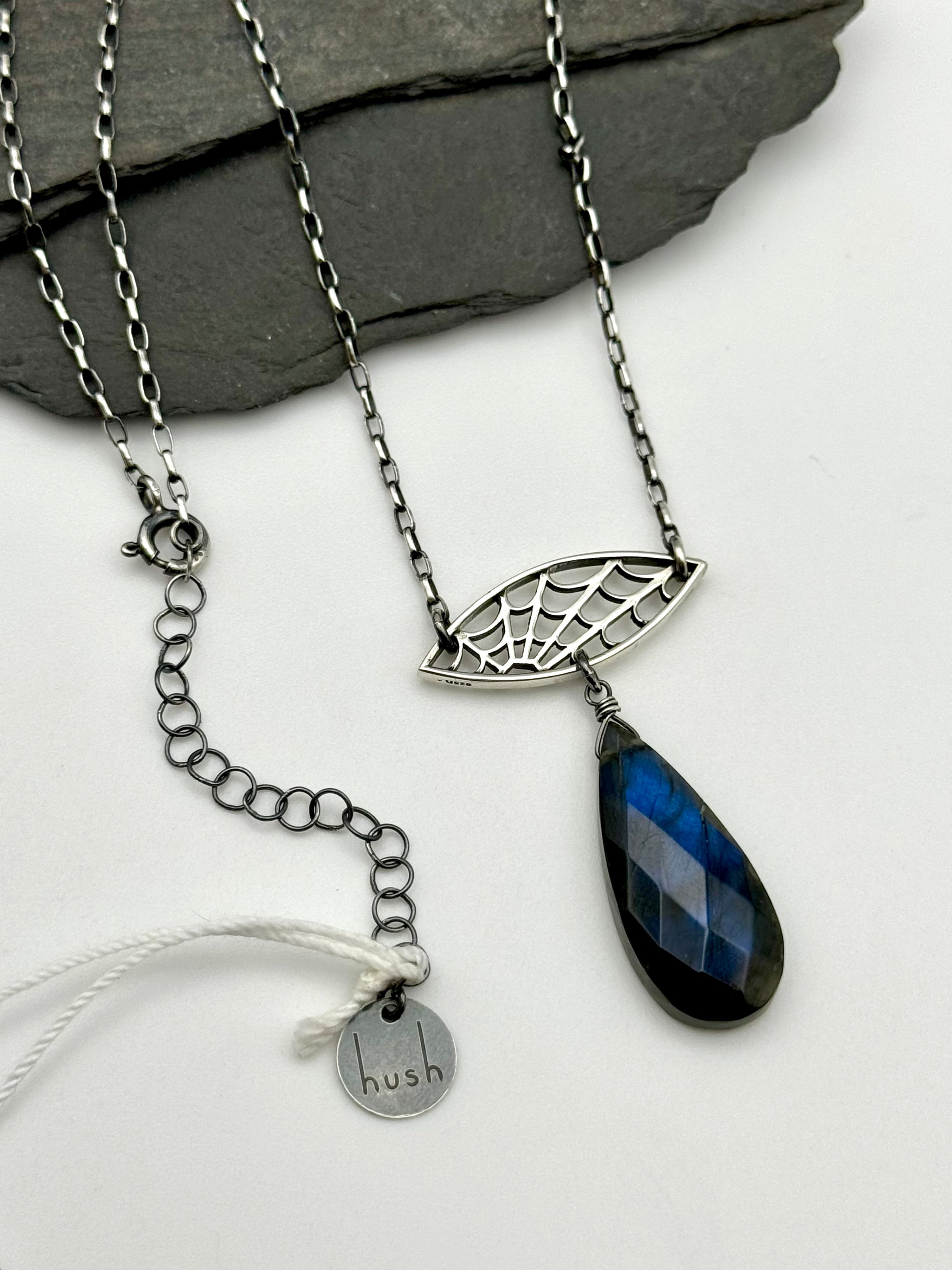 •HAUNT• labradorite + spider web + silver necklace (16"-18" long)