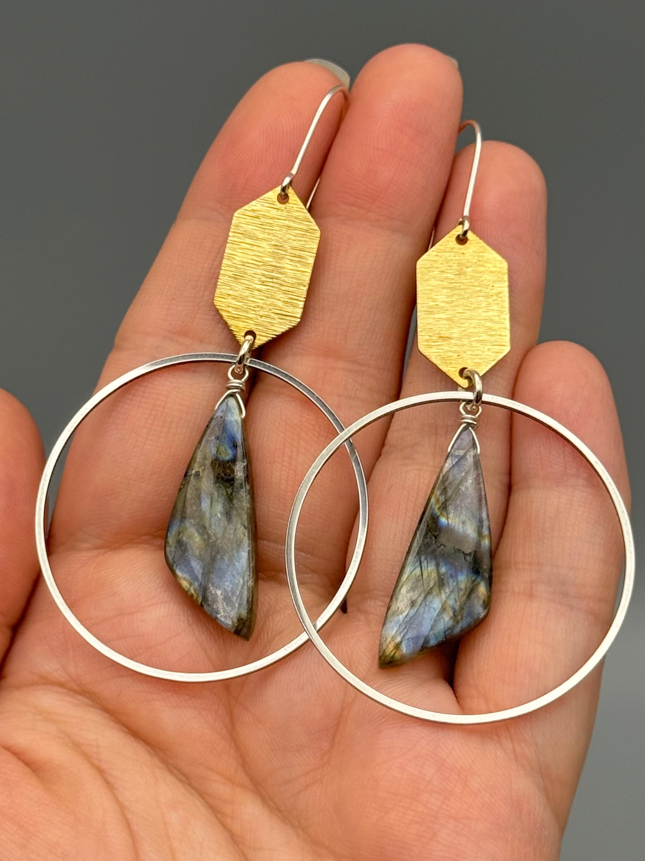 •HEX HOOP• labradorite + mixed metal earrings
