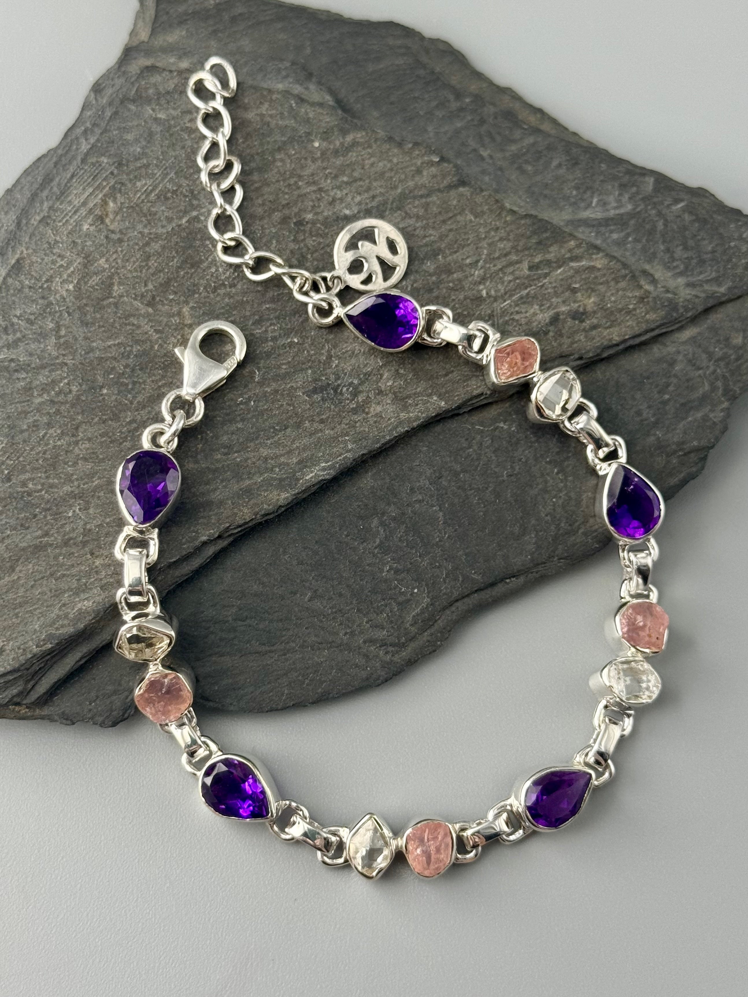 •AMETHYST + ROSE QUARTZ + HERKIMER• linked silver bracelet (6.75" - 8")