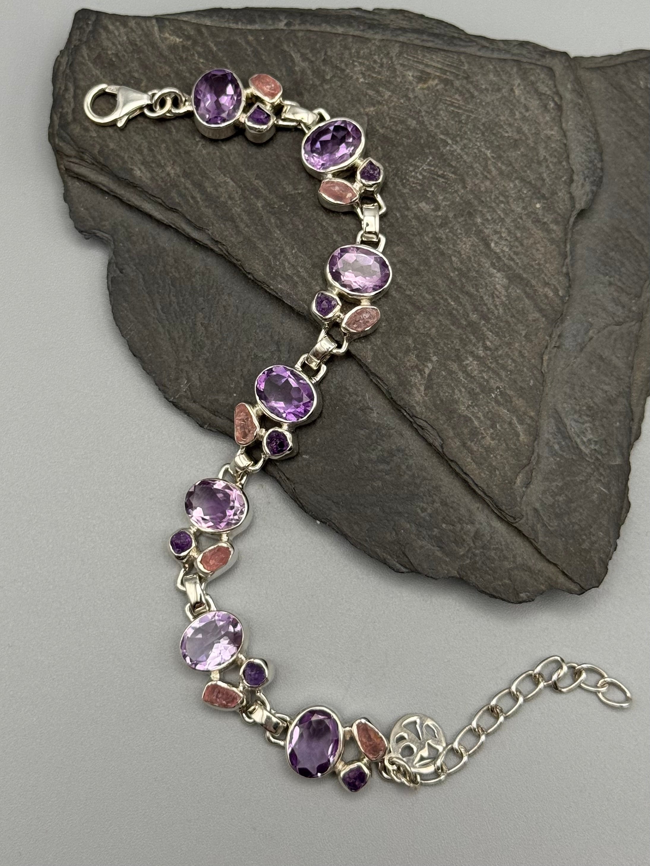 •AMETHYST + ROSE QUARTZ• linked silver bracelet (6.25" - 7.5")