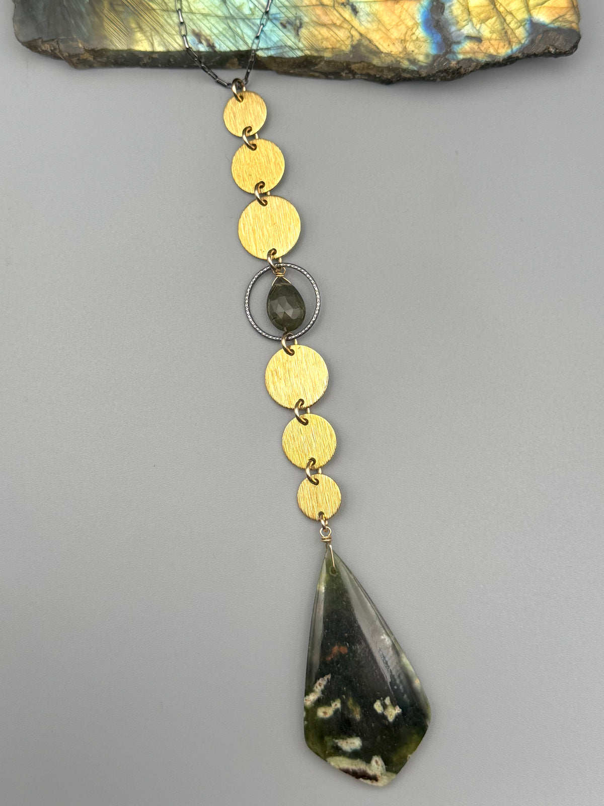 •NYX• chrome chalcedony + moss aquamarine mixed metal necklace (26"-28" long)