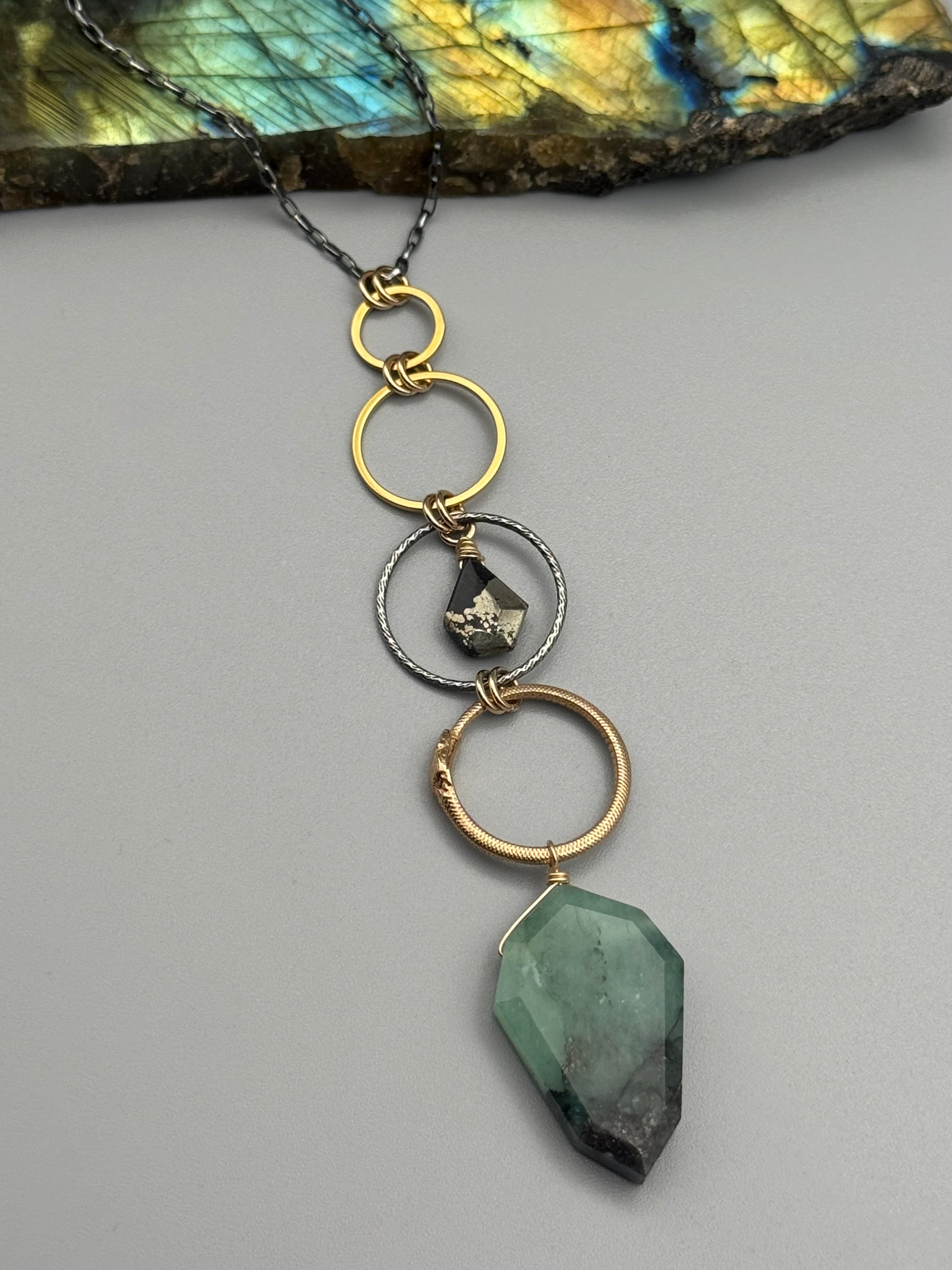 •NĀGA• pyrite + emerald mixed metal necklace (26"-28" long)