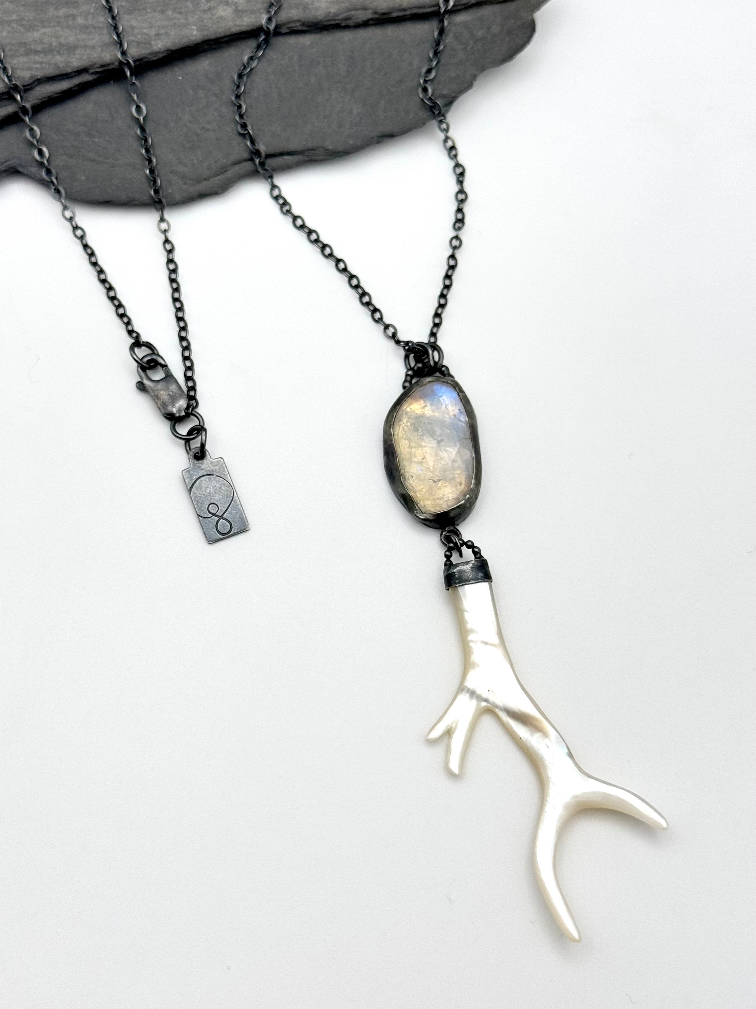 •MYSTIC BRANCH• rainbow moonstone + carved mother of pearl + silver necklace (18" long)