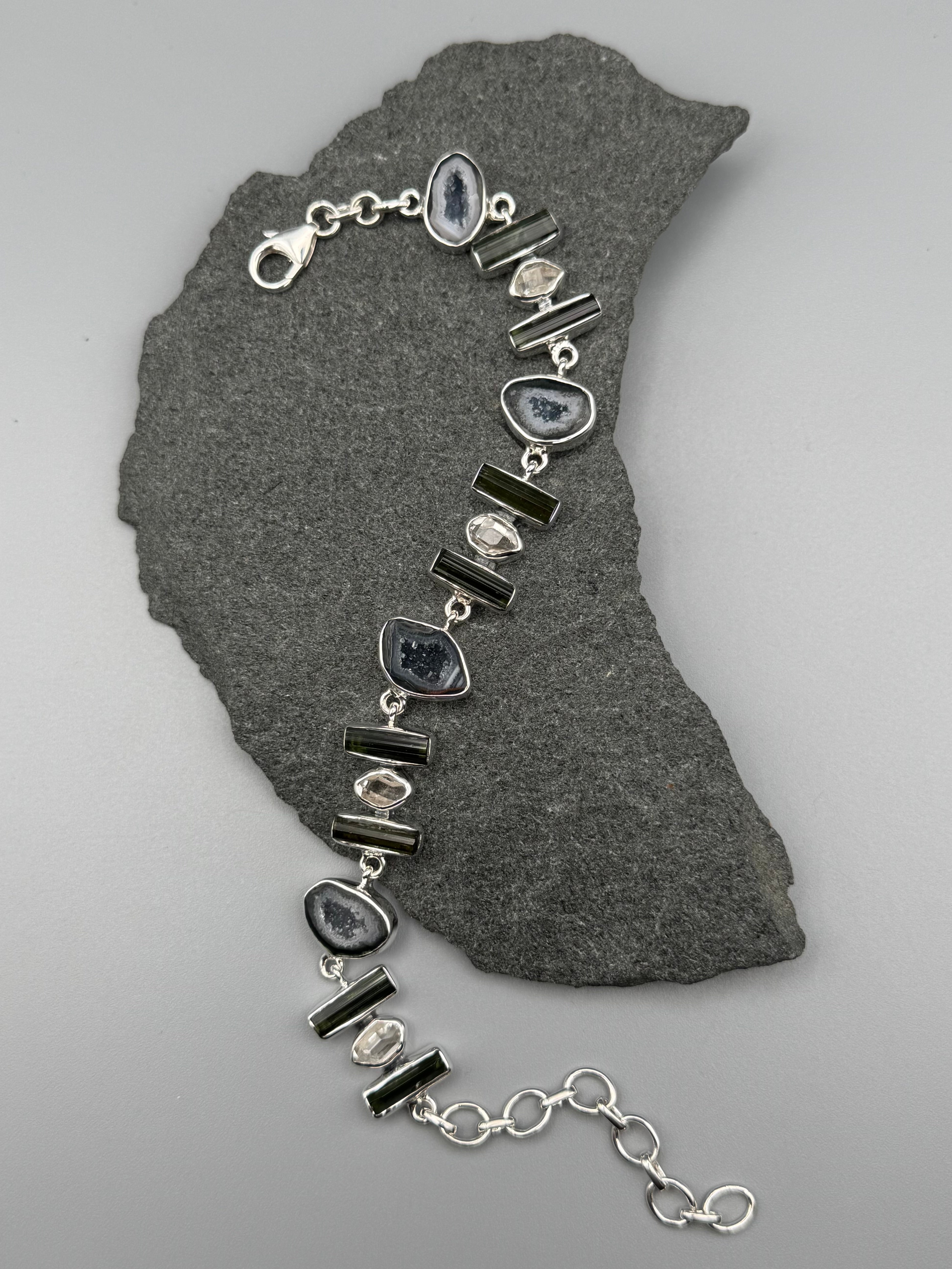 •COCONUT DRUZY + TOURMALINE - MULTI-STONE• linked silver bracelet (7.25" - 9")