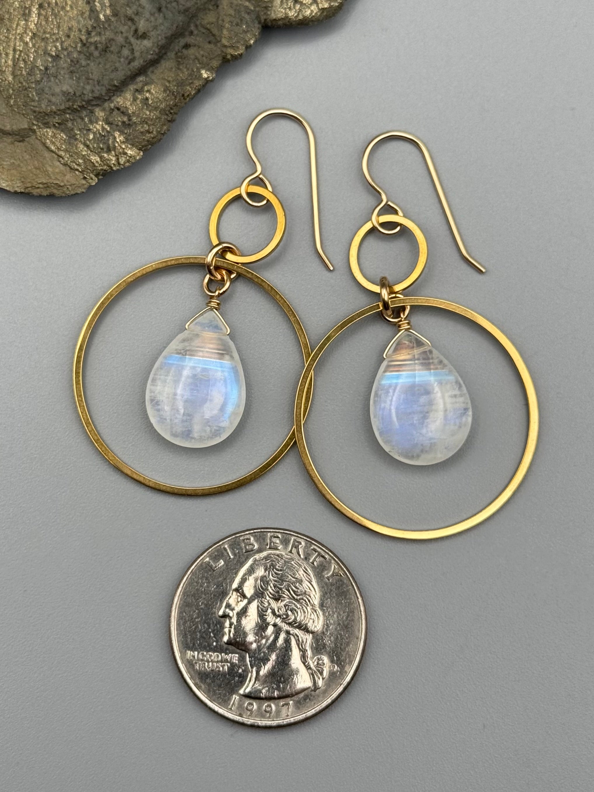•EQUA-LUNA• rainbow moonstone tear + gold earrings