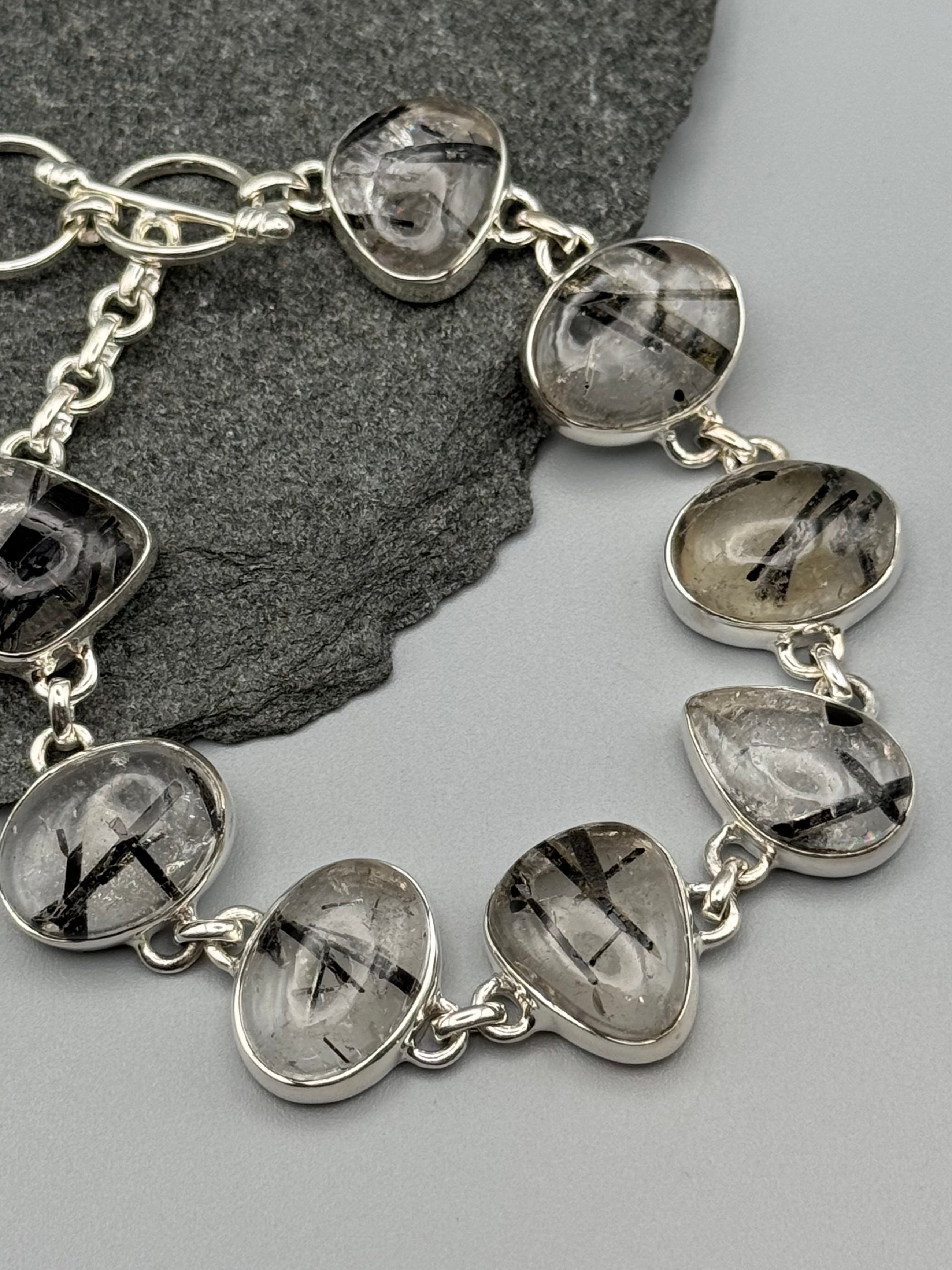 •TOURMALINATED QUARTZ - GEO MIX• linked silver bracelet (7" - 8.5")