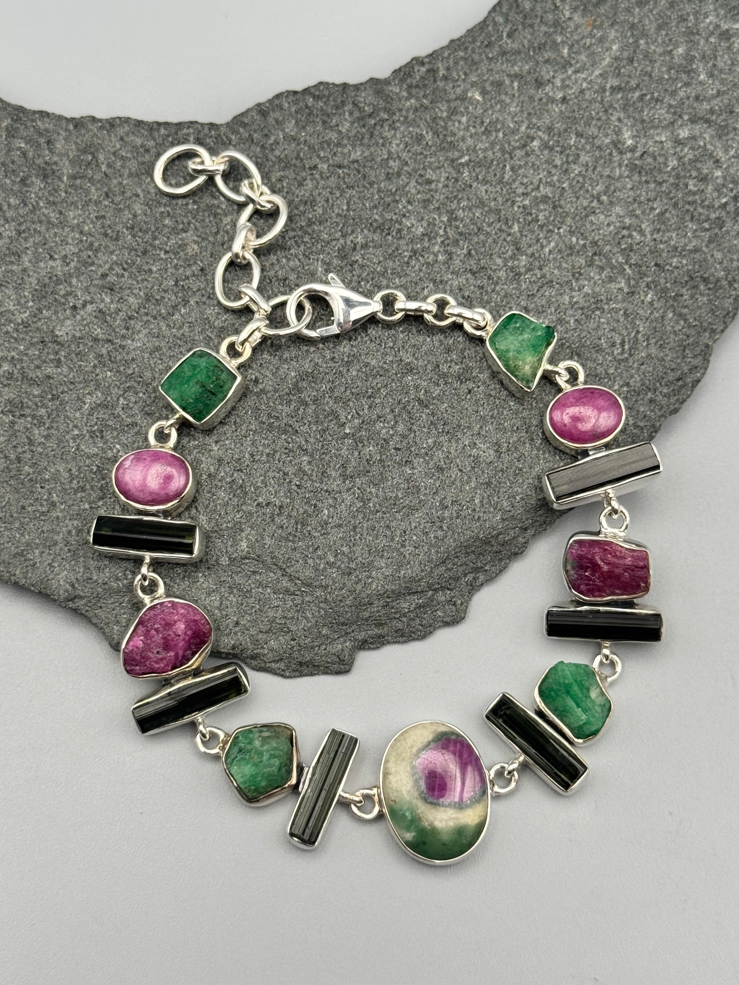 •RUBY FUCHSITE - MULTI-STONE• linked silver bracelet (7.5" - 9")