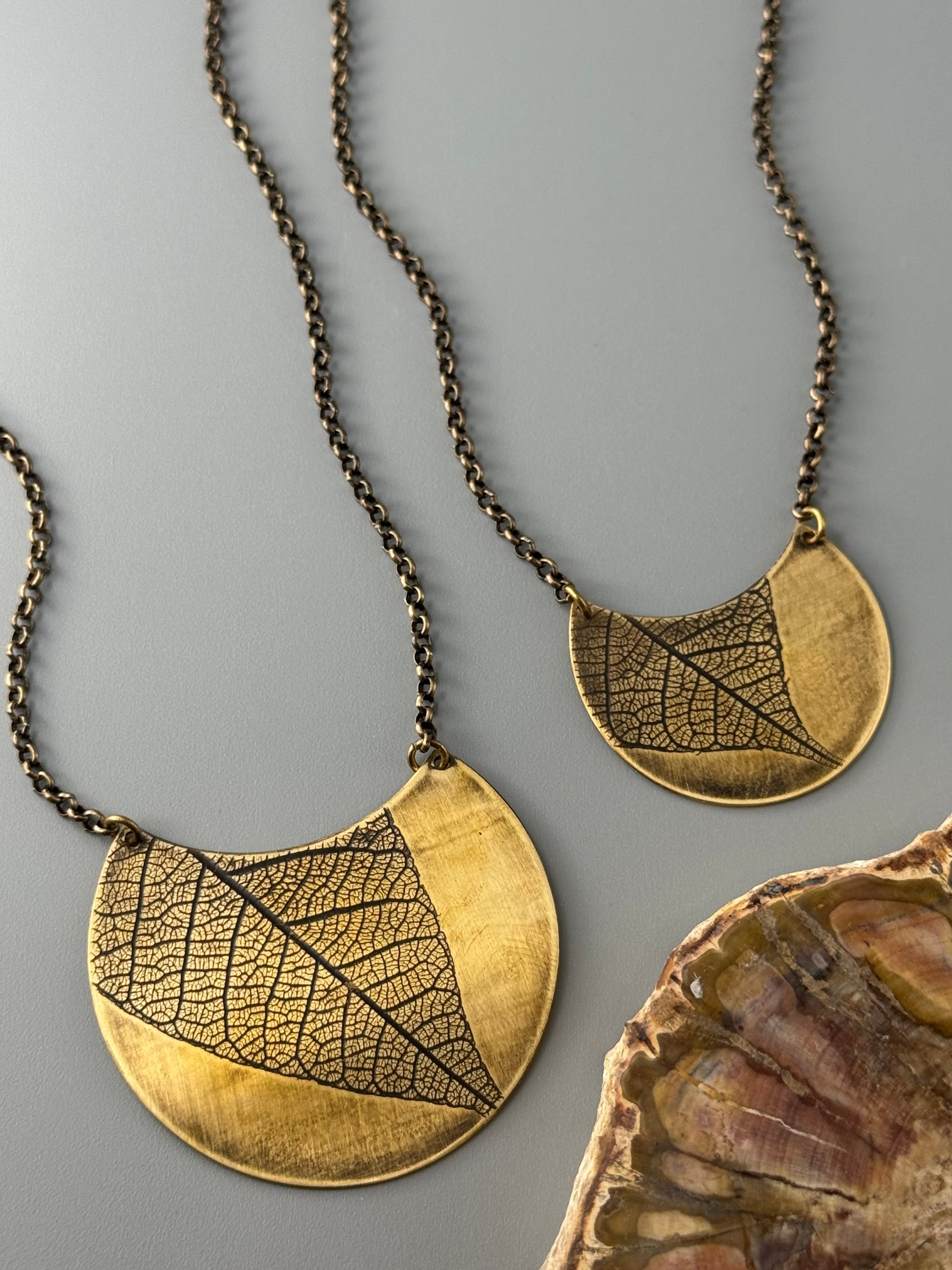 •LEAF CRESCENT• brass necklace (20" long)