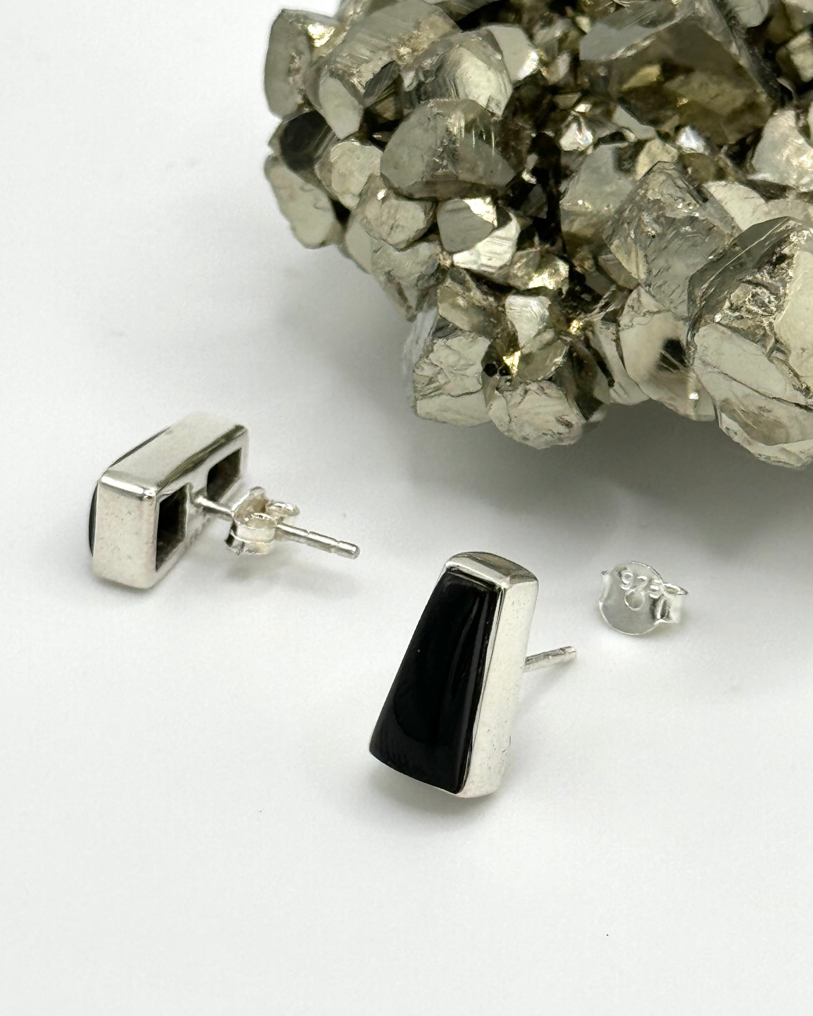 •BLACK TOURMALINE - PORTAL• silver bezel set stud earrings