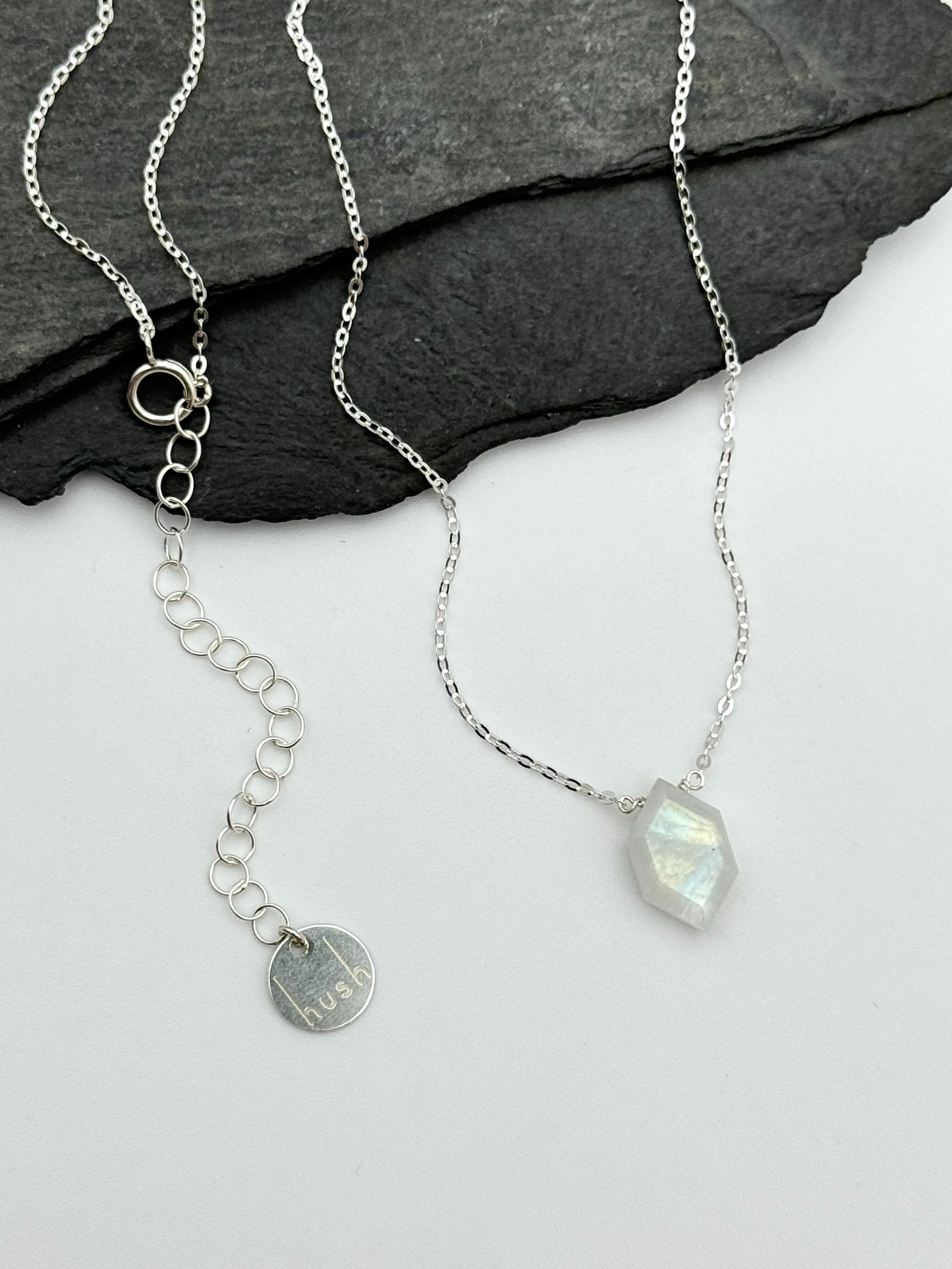•STRAY• faceted rainbow moonstone lil' hex + silver necklace (various lengths)