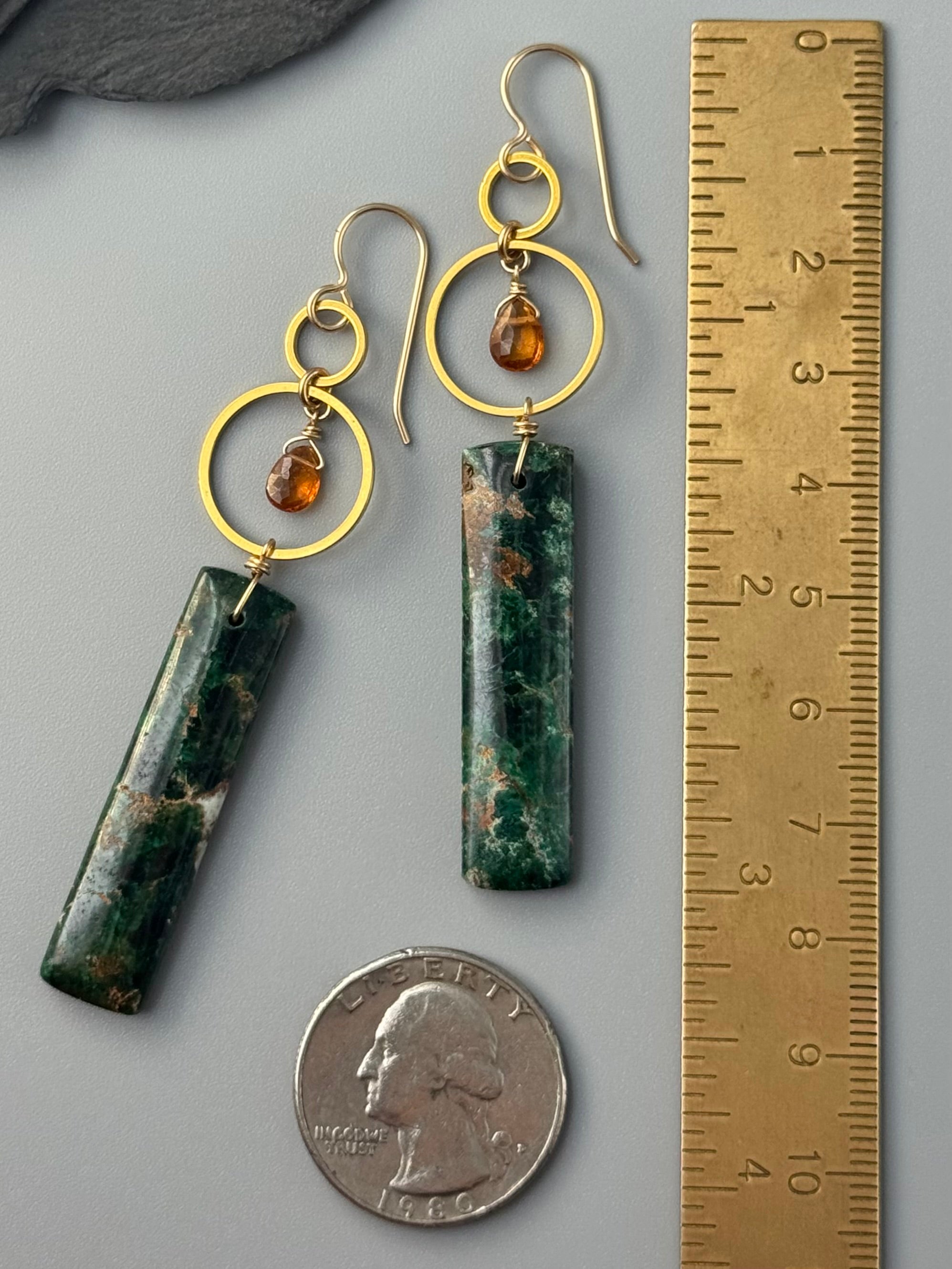 •EQUA-LUNA• hessonite garnet + malachite gold earrings