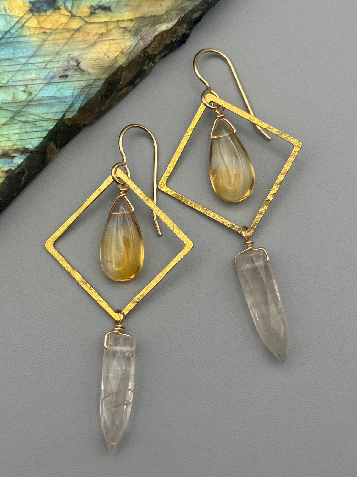 •DIAMOND DANCER• citrine + rutilated quartz gold earrings