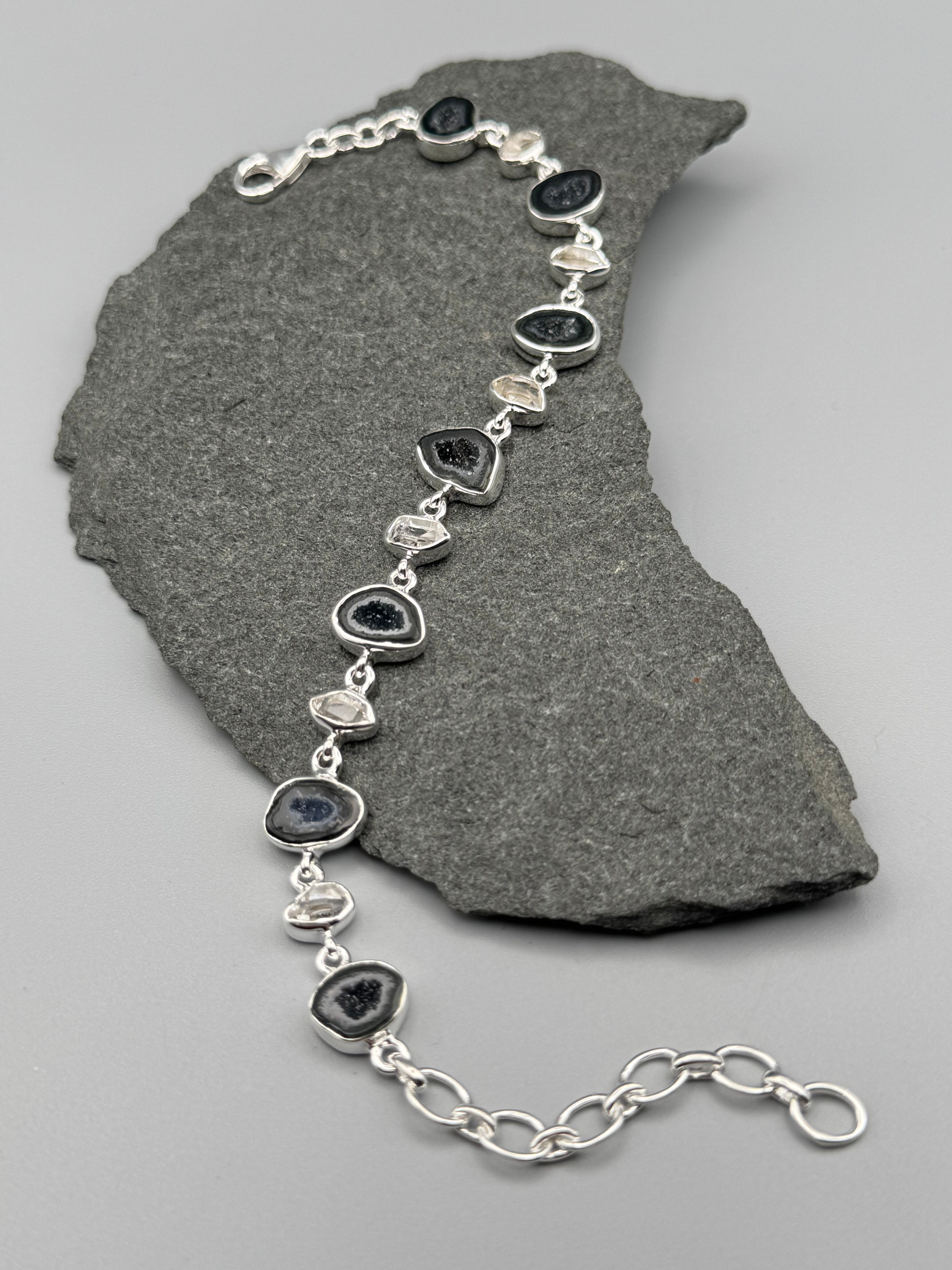 •COCONUT DRUZY + HERKIMER• linked silver bracelet (7.25" - 9")