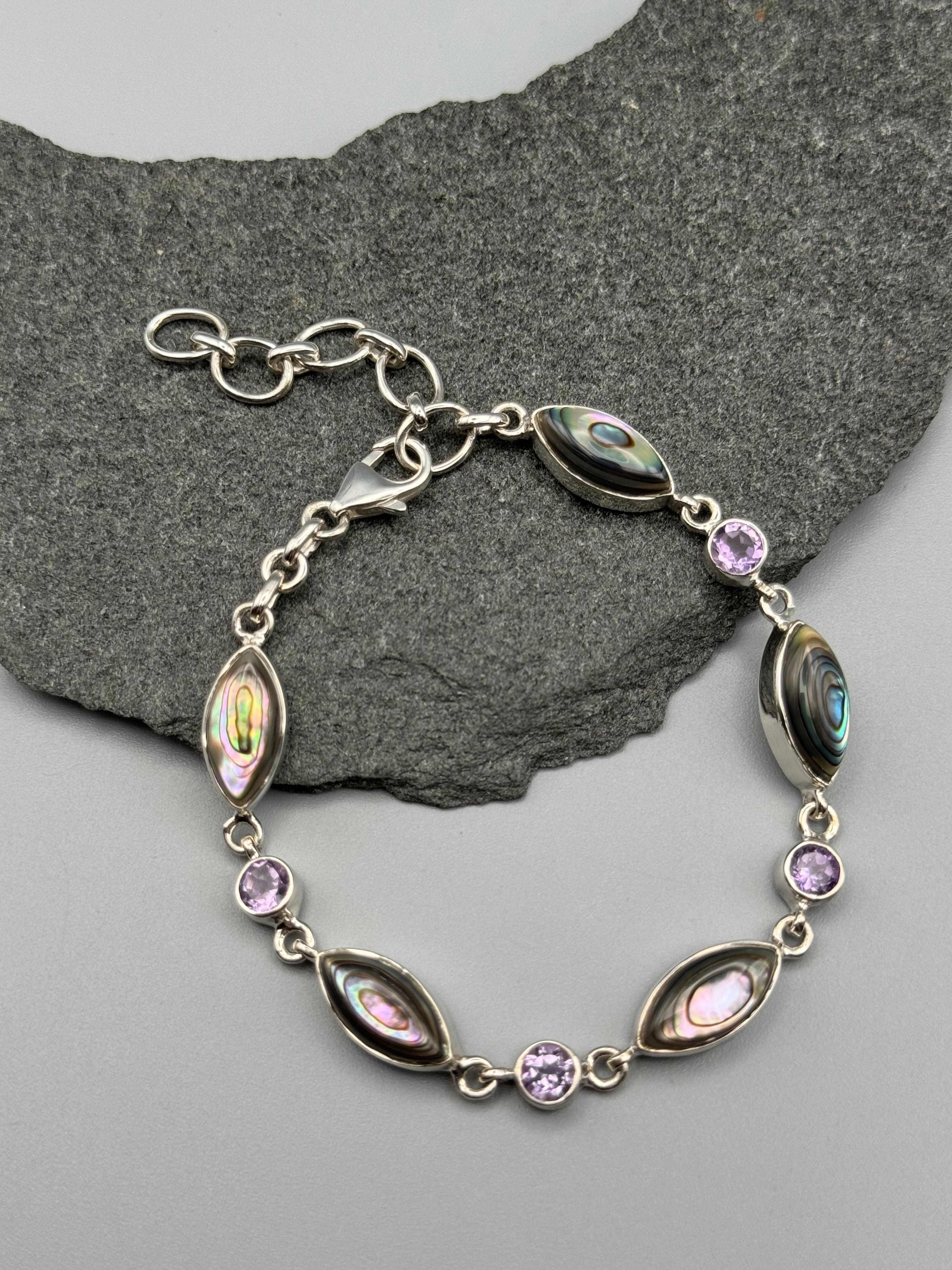 •ABALONE + AMETHYST• linked silver bracelet (7.25" - 9")