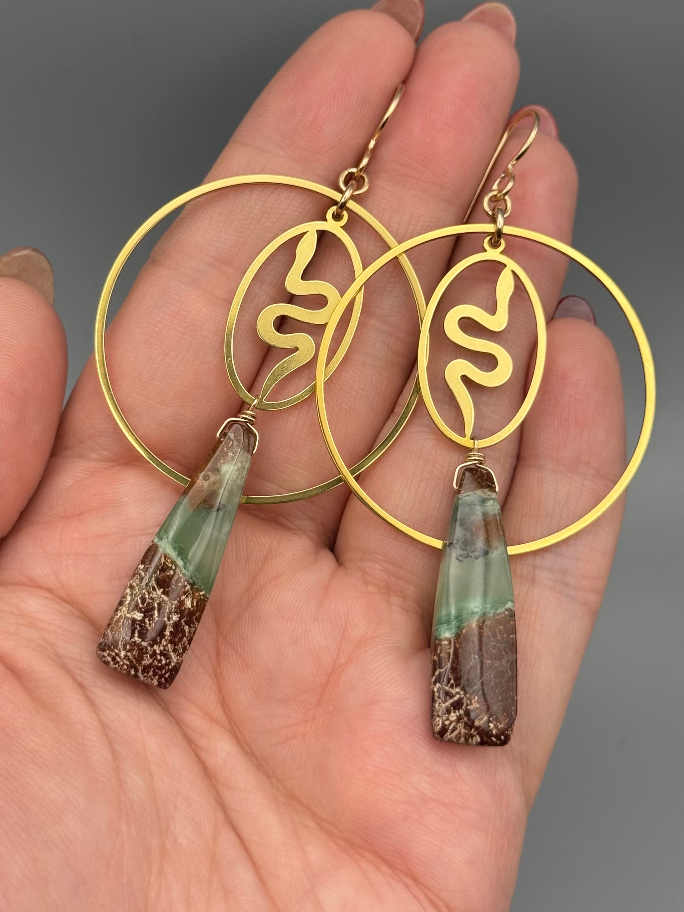 •SLITHER HOOPS• chrysoprase tower + gold earrings