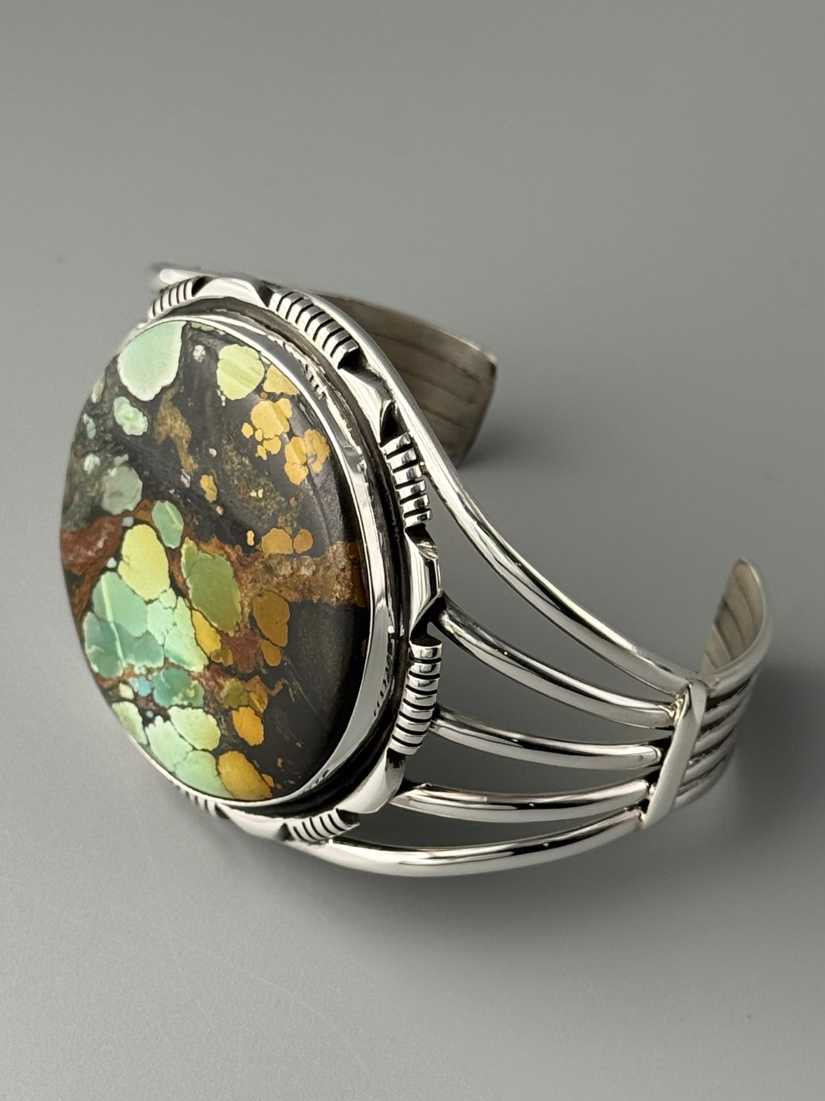 •BLACKJACK TURQUOISE - MOUNTAIN FEATHERS - 2• Navajo sterling silver cuff bracelet (7.5" +/-)