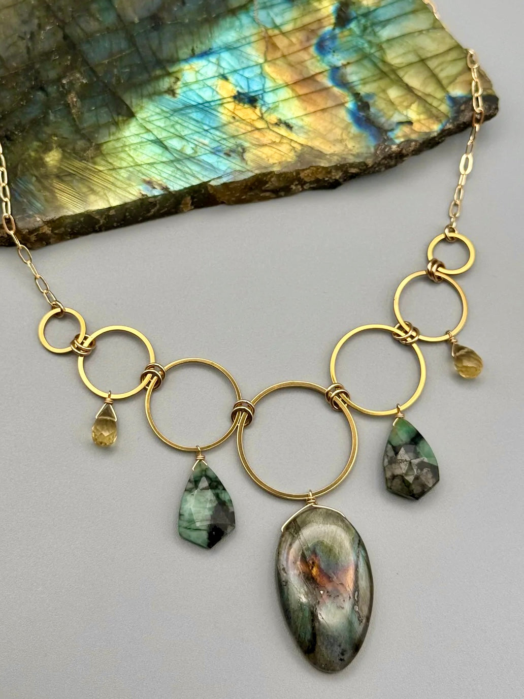 •UNION• labradorite + emerald + citrine gold necklace (18"-20" long)