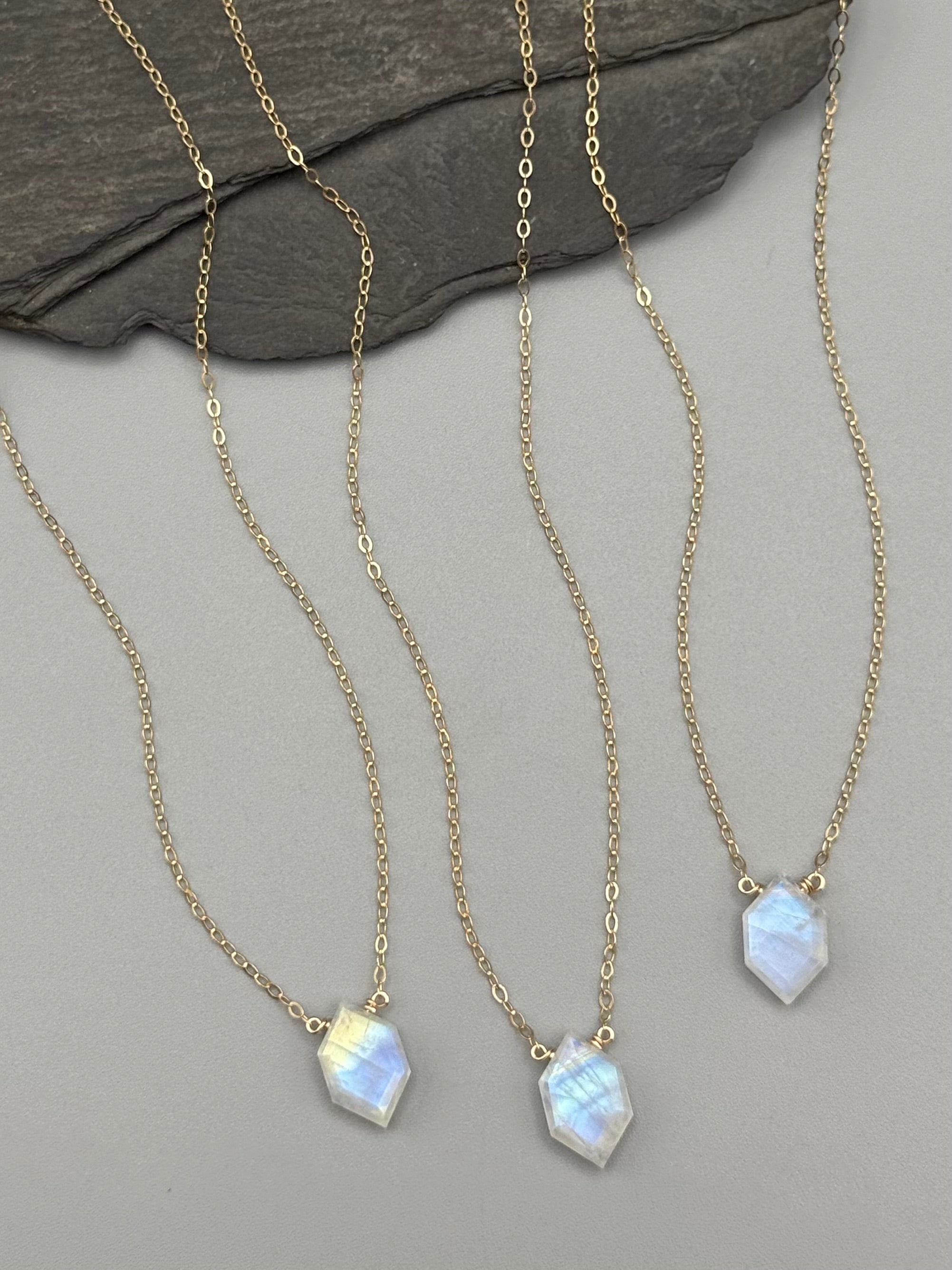 •STRAY• faceted rainbow moonstone lil' hex + gold necklace (various lengths)