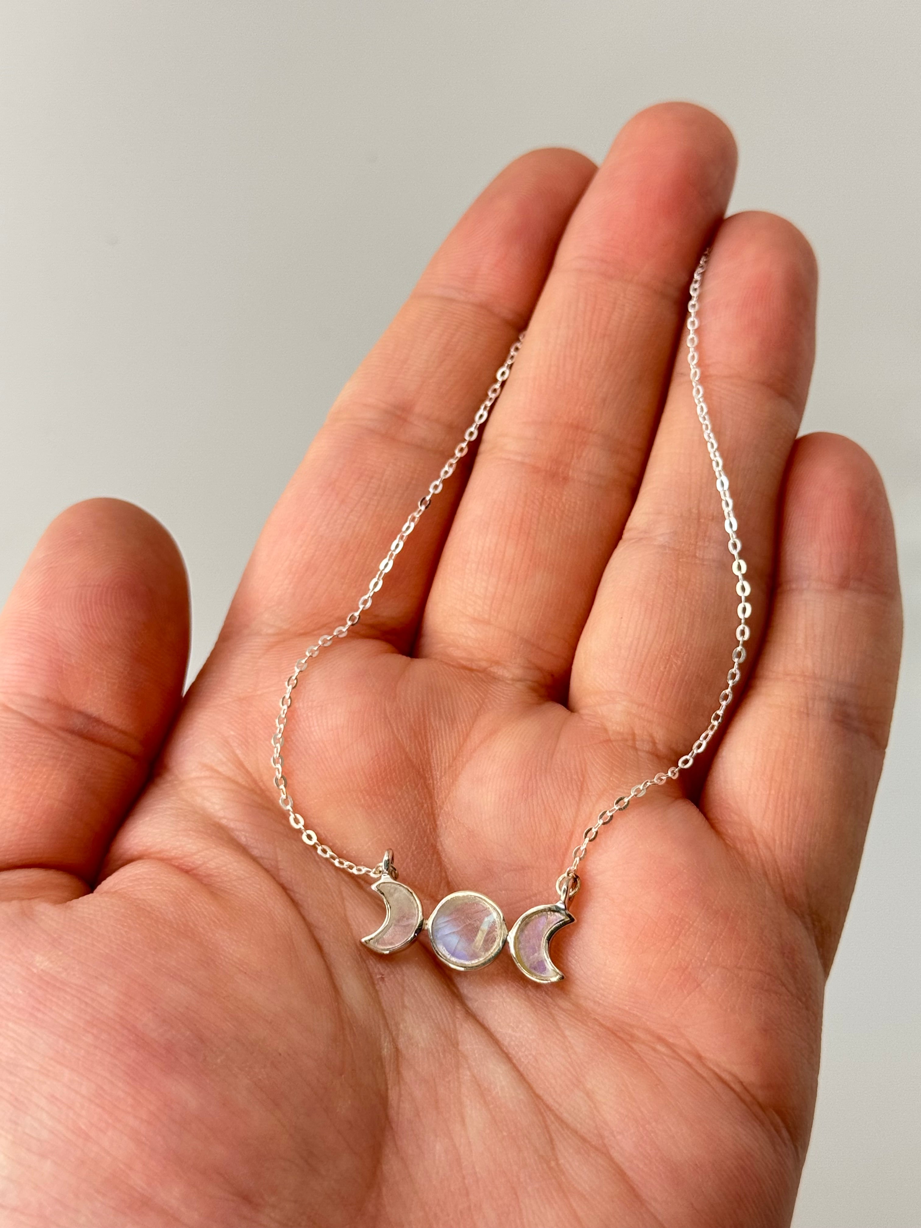 •SMALL MOON PHASE• rainbow moonstone + silver necklace (16"-18" long)