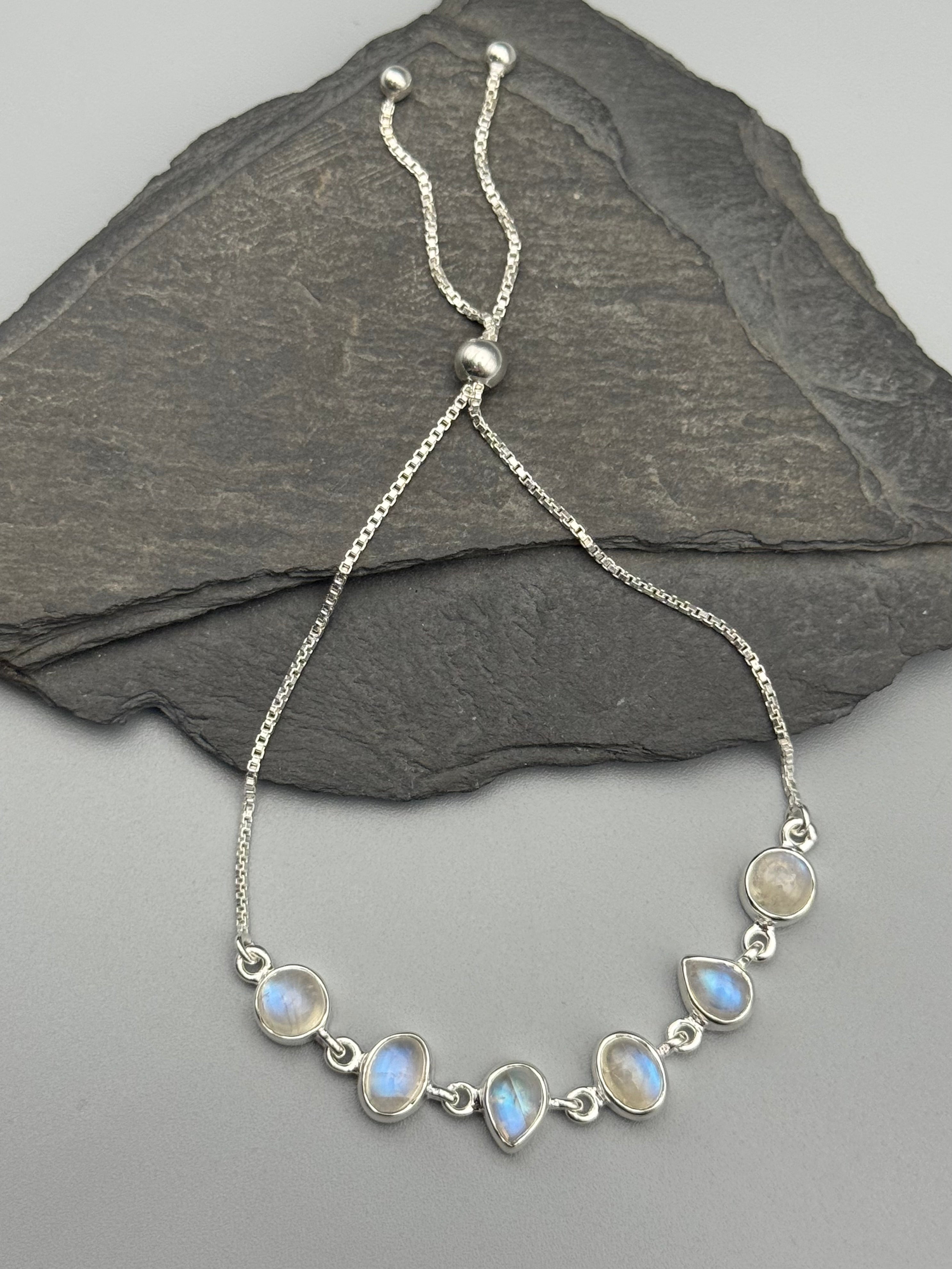 •RAINBOW MOONSTONE - GEO MIX• silver bolo bracelet (adj up to 9")