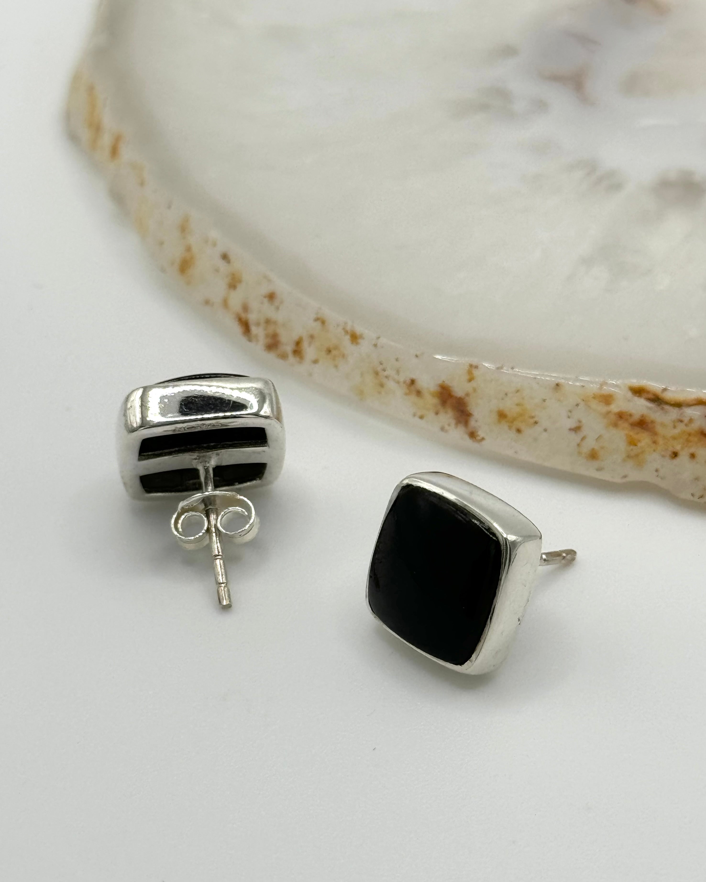 •BLACK TOURMALINE - SQUARE• silver bezel set stud earrings