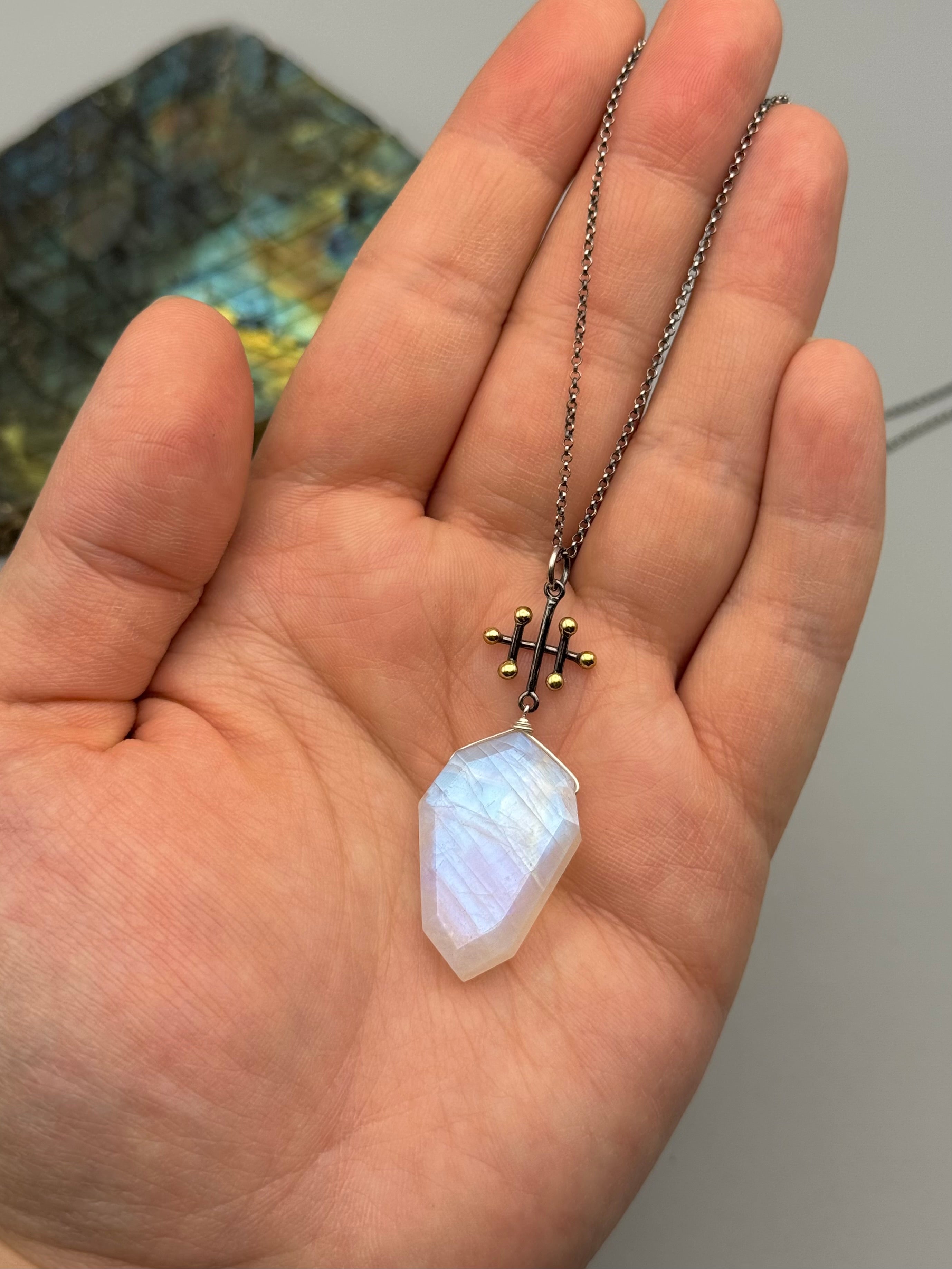 •INVOKE• rainbow moonstone + mixed metal necklace (26"-28" long)