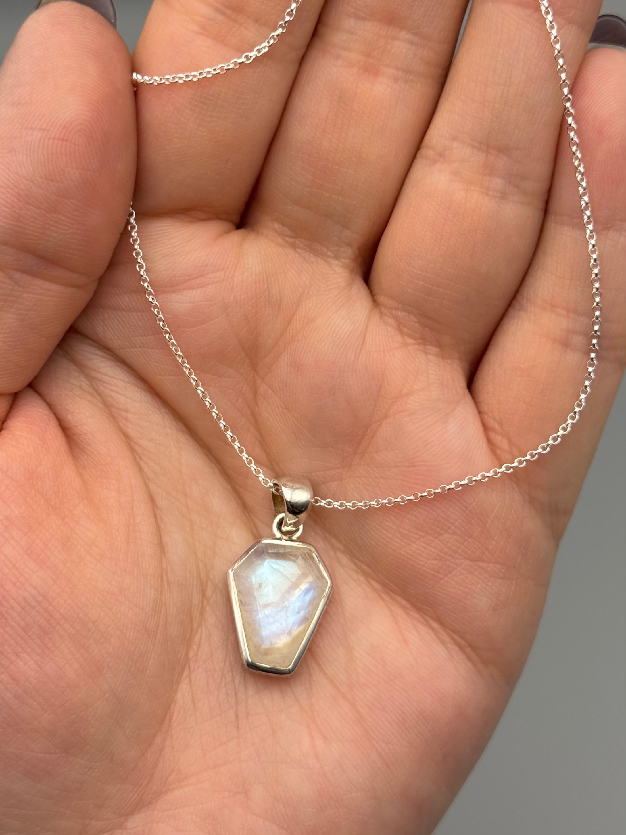 •RAINBOW MOONSTONE - COFFIN• textured bezel silver necklace (18" long)