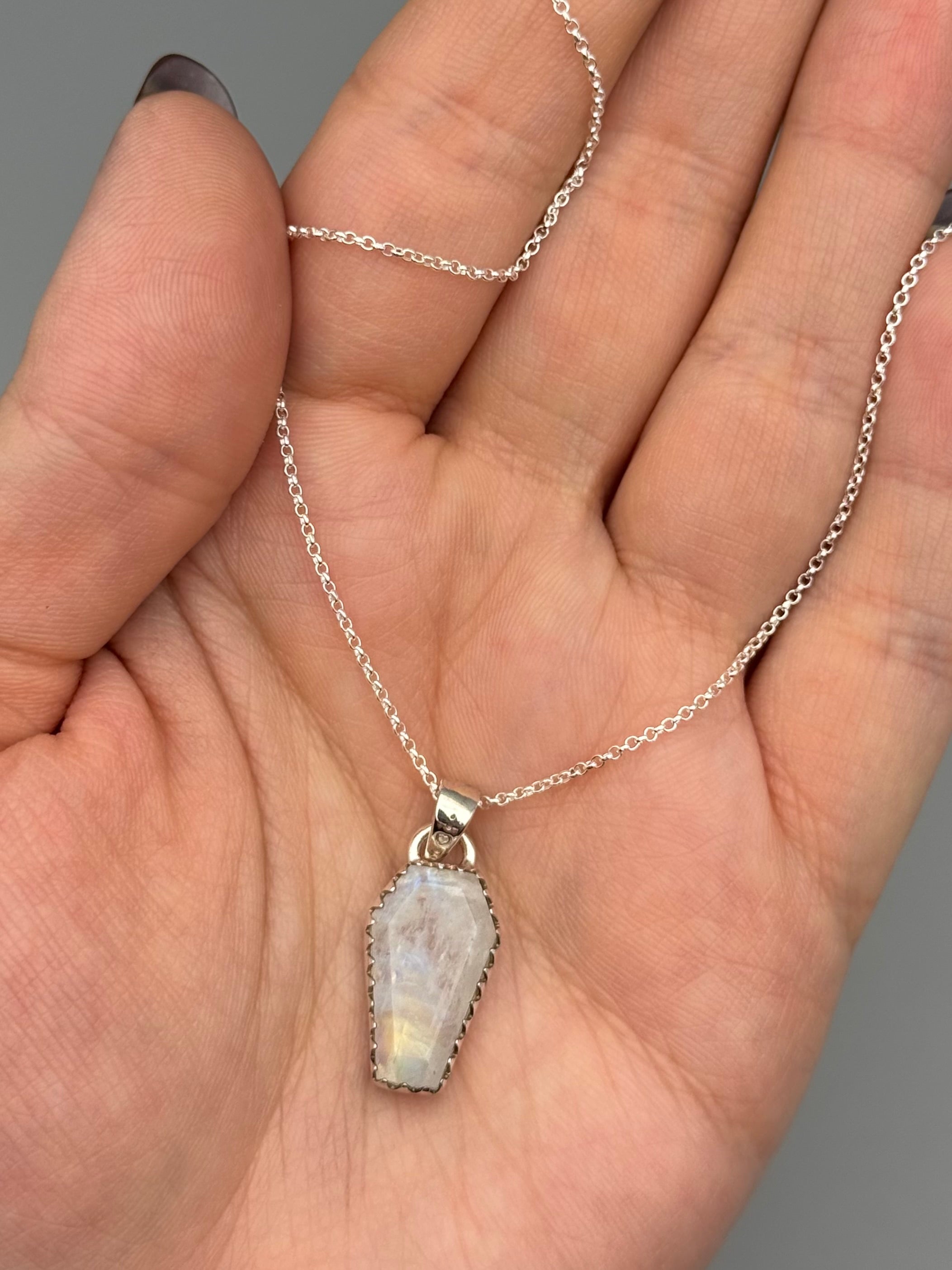 •RAINBOW MOONSTONE - COFFIN• serrated bezel silver necklace (18" long)