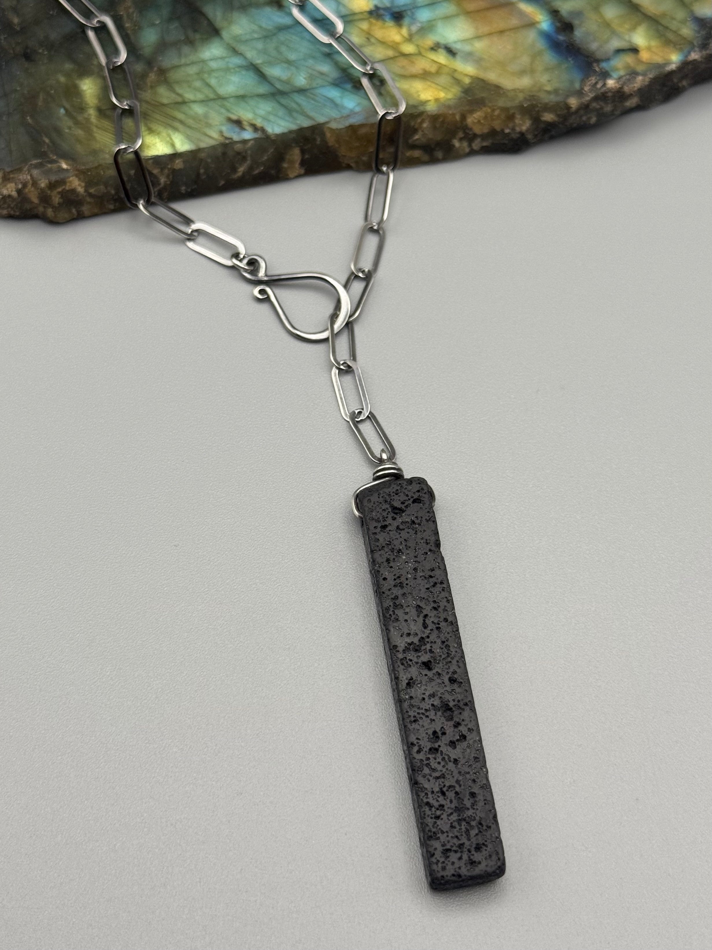 •LINKED• black lava + silver necklace (ADJ to 19")