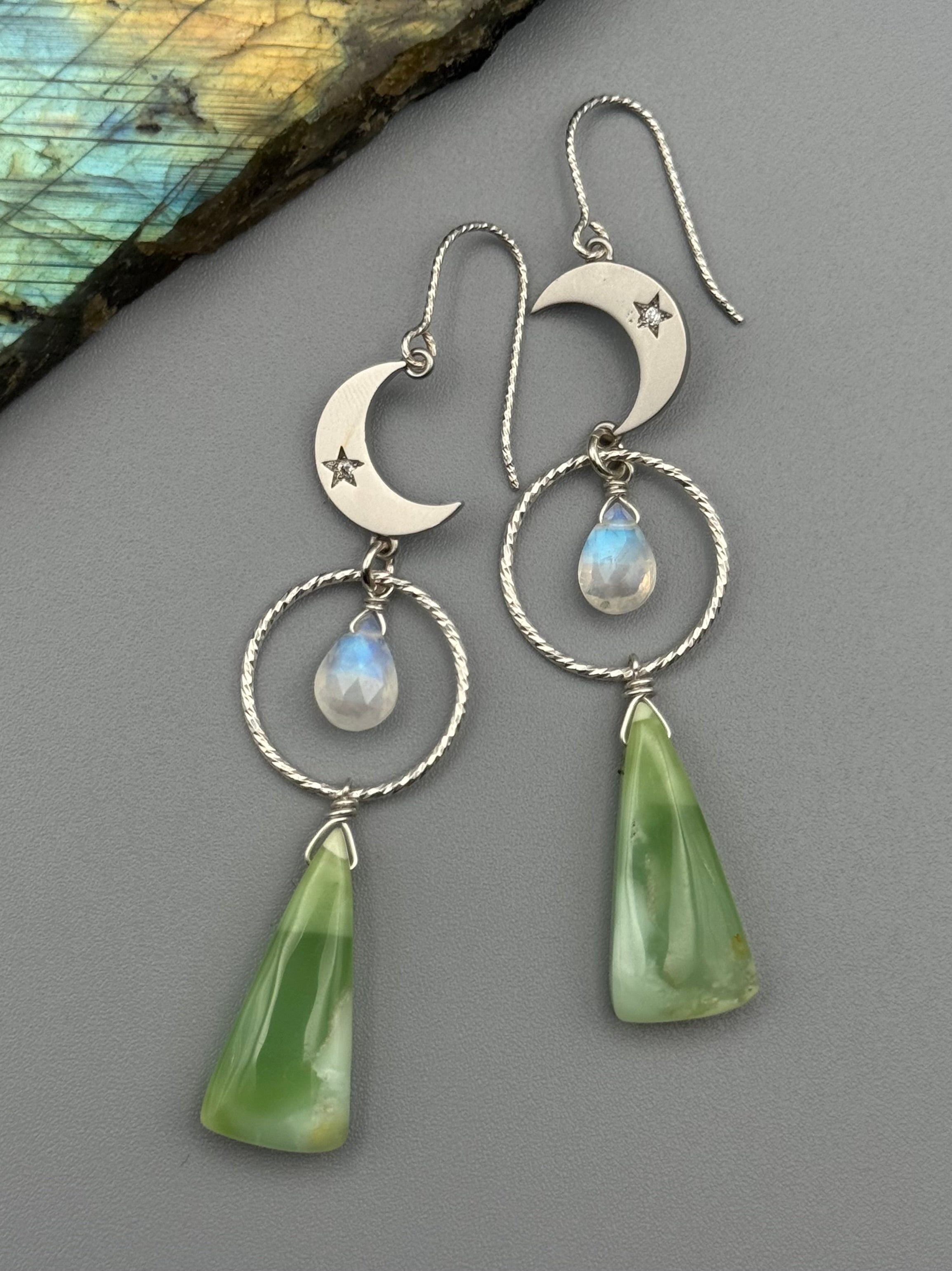 •NYX• rainbow moonstone + chrysoprase silver earrings