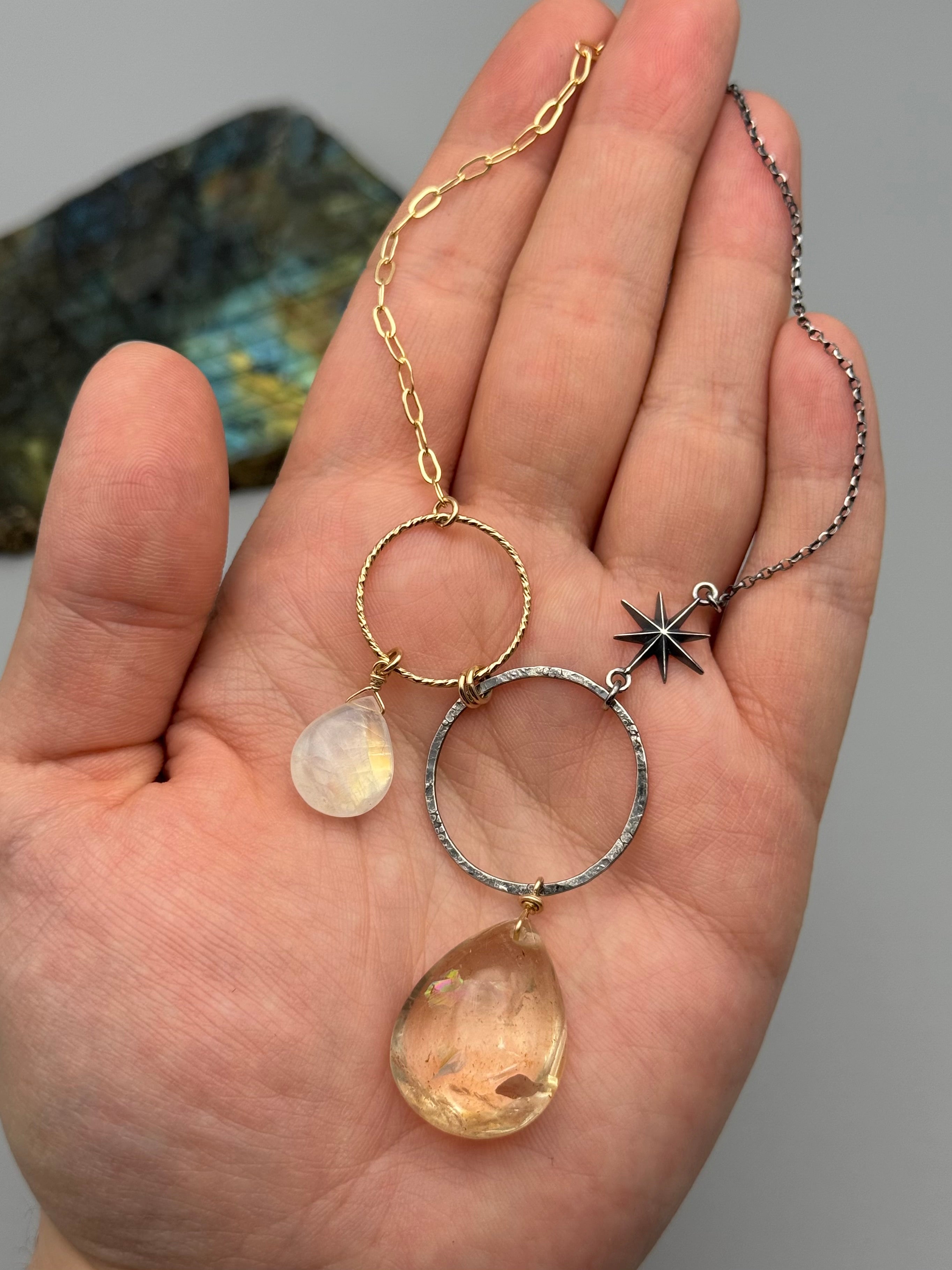 •UNION• rainbow moonstone + citrine mixed metal necklace (18"-20" long)